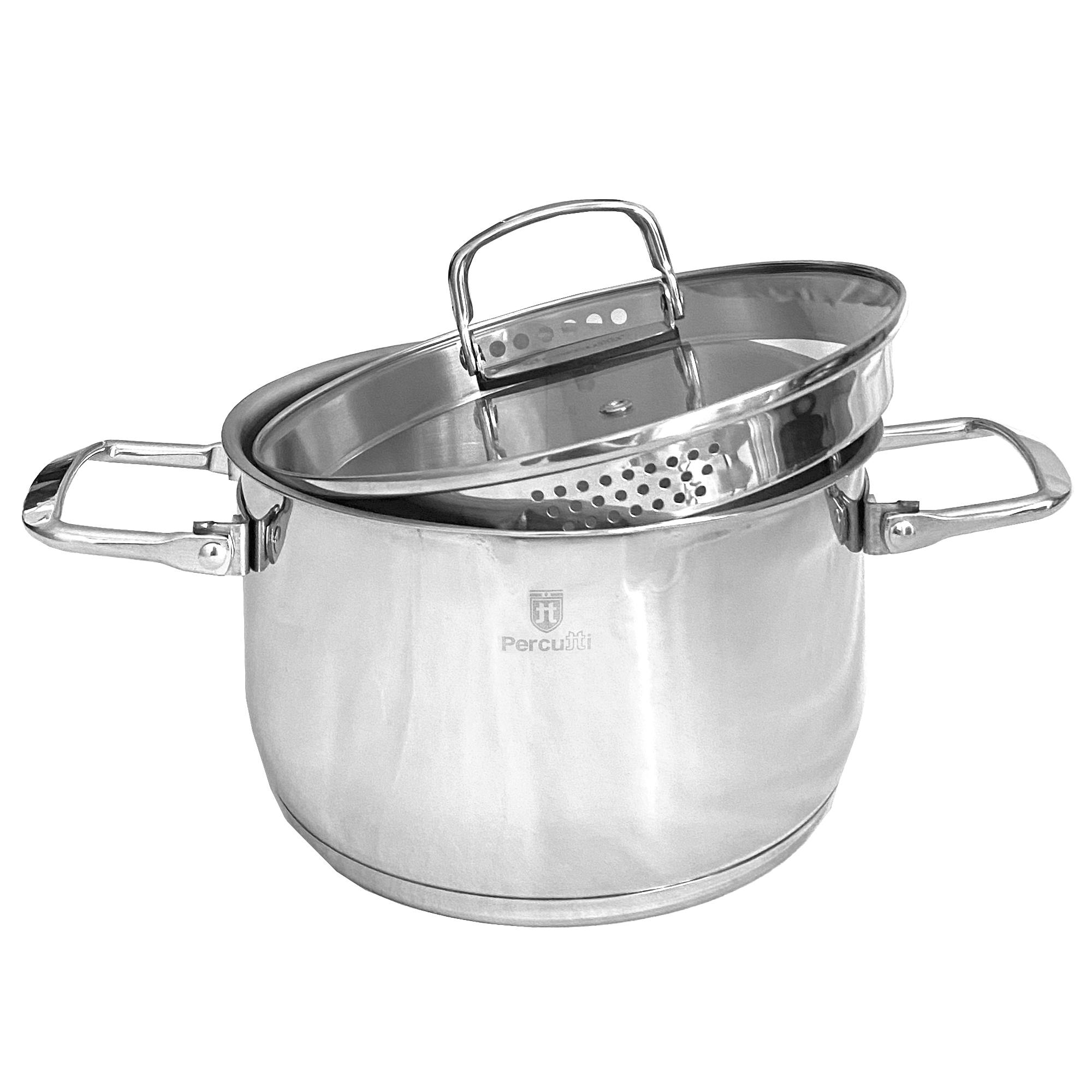 Una olla plateada con inserto vaporera y tapa de cristal, fondo blanco.