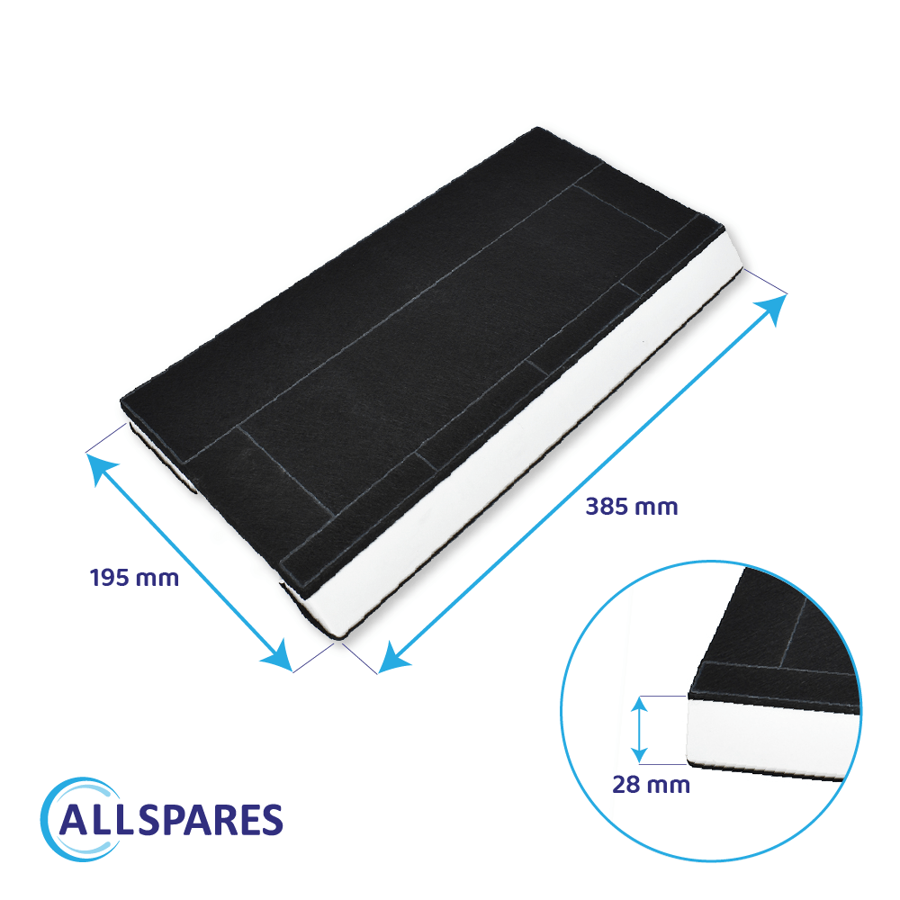 Filtro rettangolare a carbone attivo con bordi bianchi, misura 385x195x28 mm.