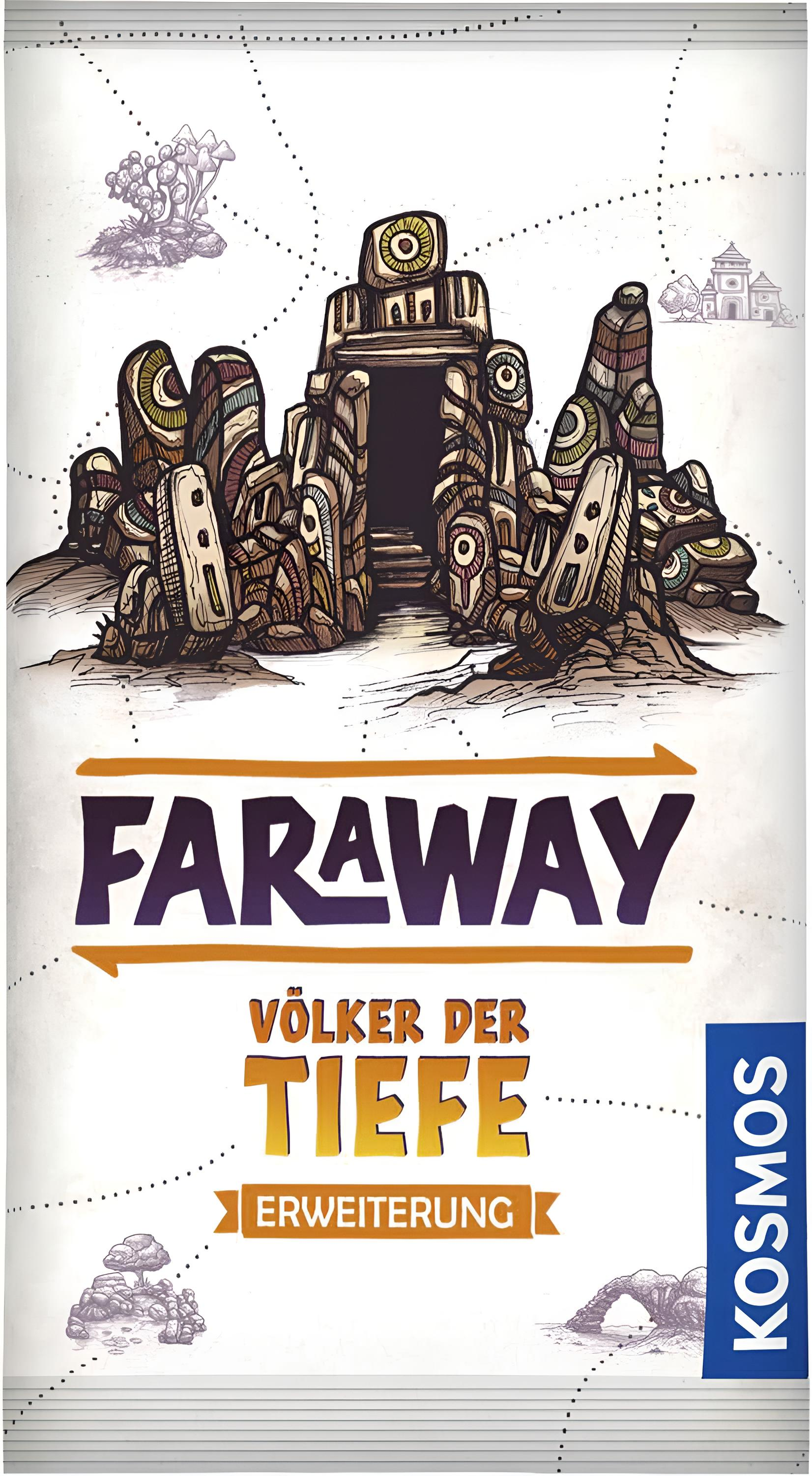 Illustration einer antiken Ruine mit mystischen Symbolen und dem Titel "Faraway".