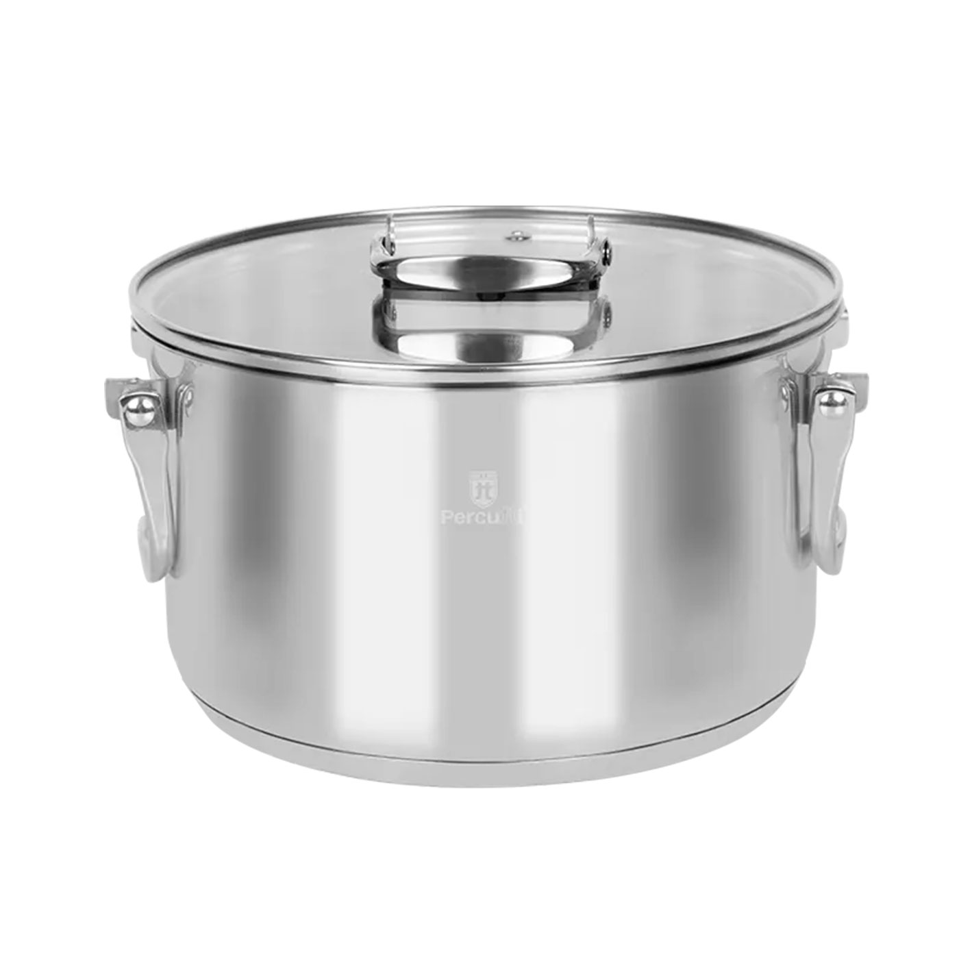 Olla de acero inoxidable con tapa de cristal y asas plateadas.