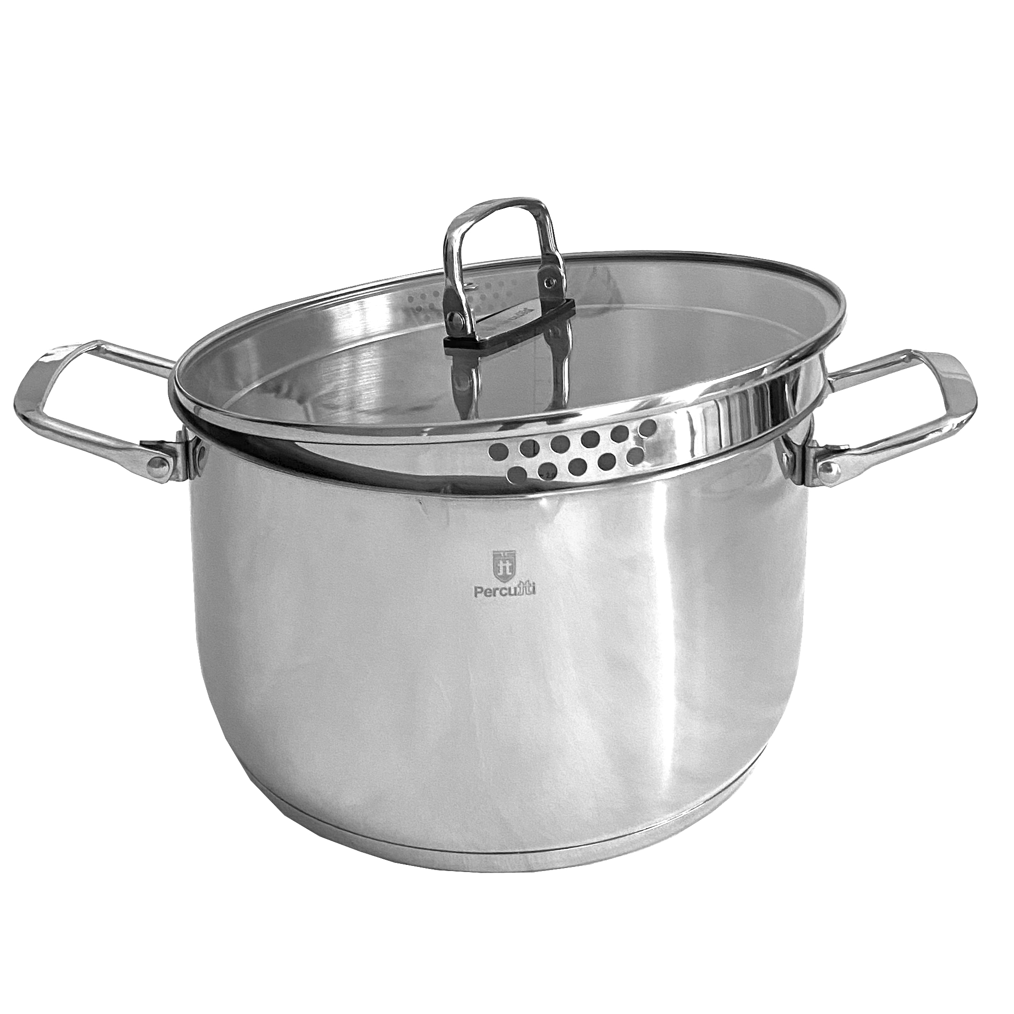 Una olla de cocina plateada con tapa de cristal y dos asas.
