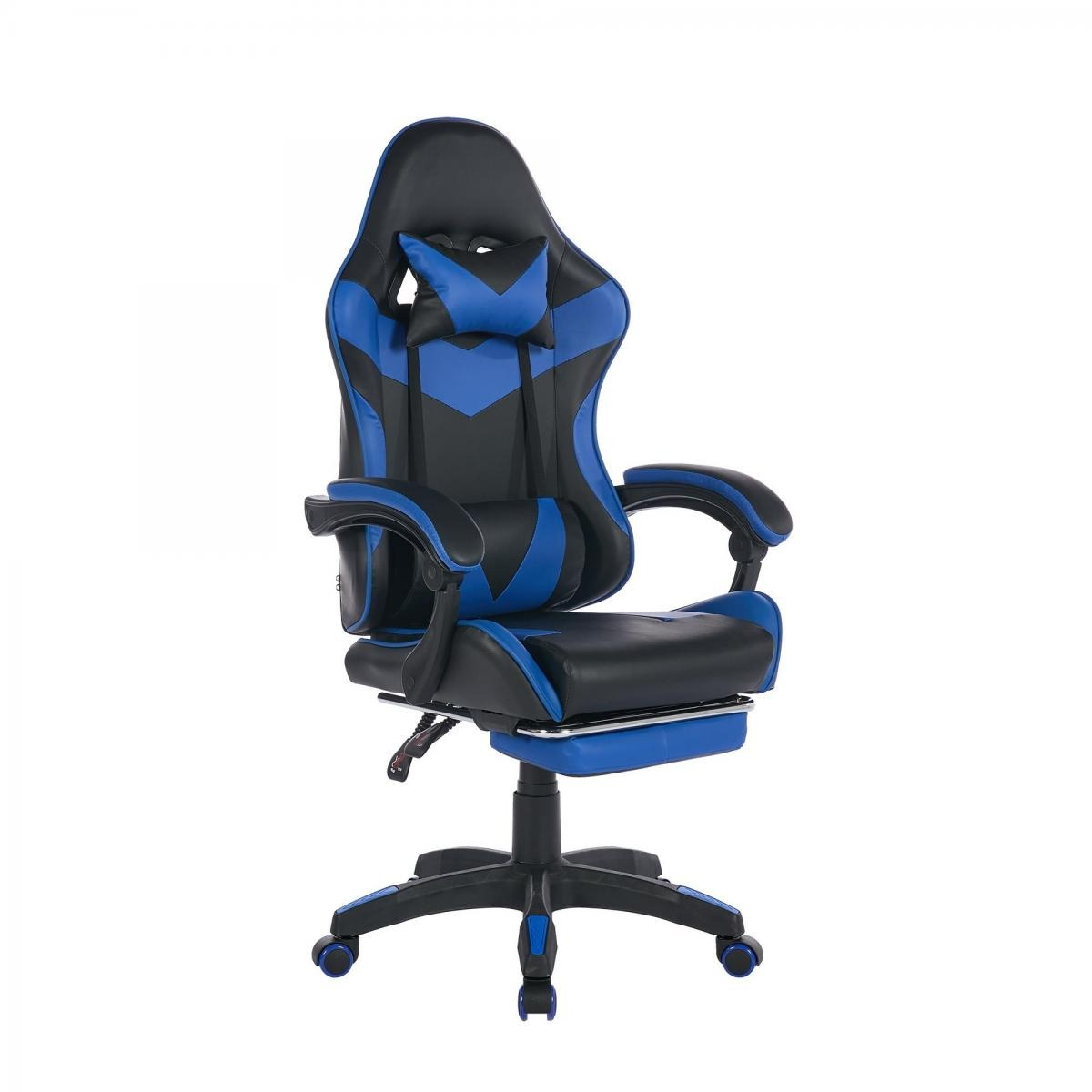 Ein schwarzer und blauer Gaming-Stuhl mit ausziehbarer Fußstütze, auf Rädern.