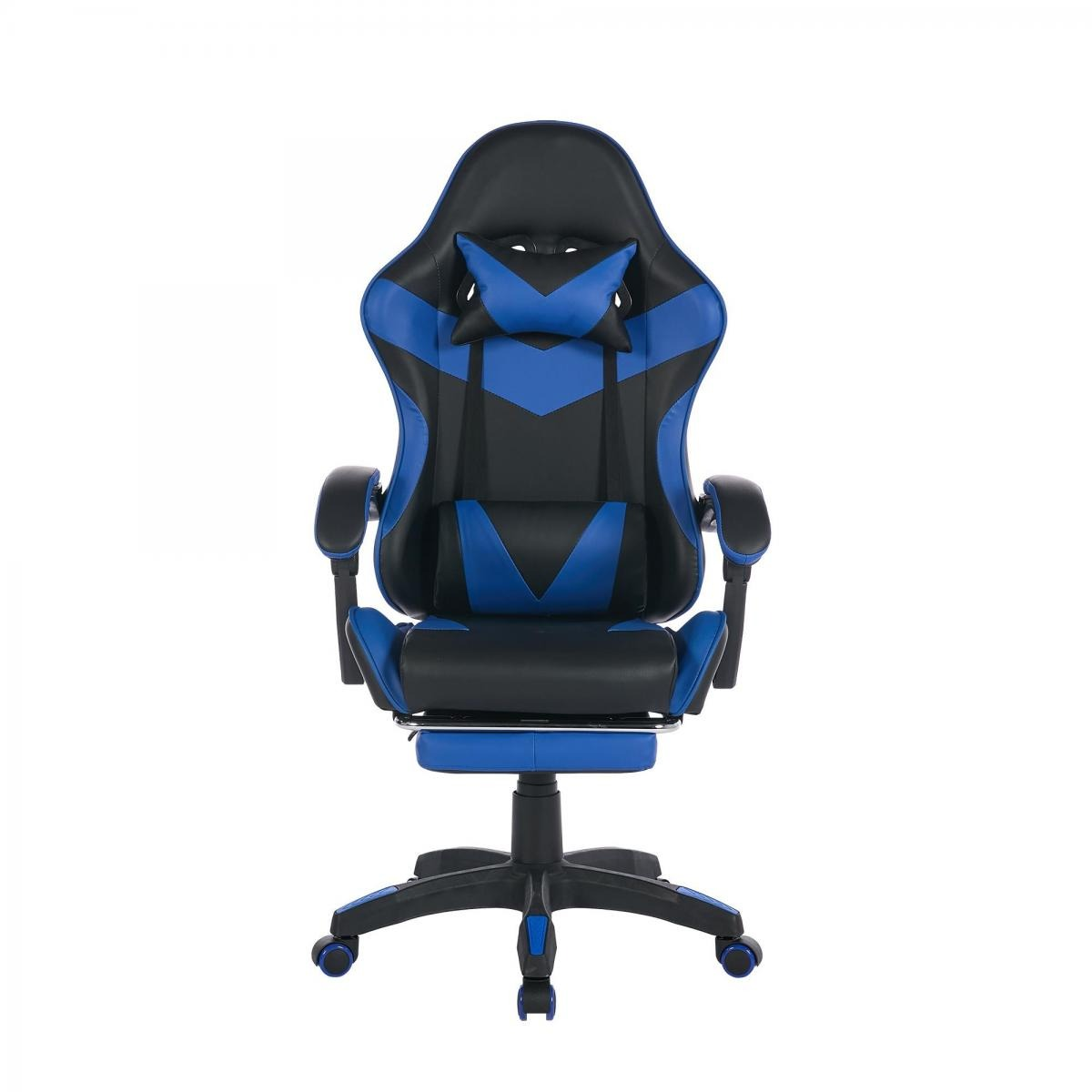 Ein blauer und schwarzer Gaming-Stuhl mit verstellbarer Rückenlehne und Fußstütze.