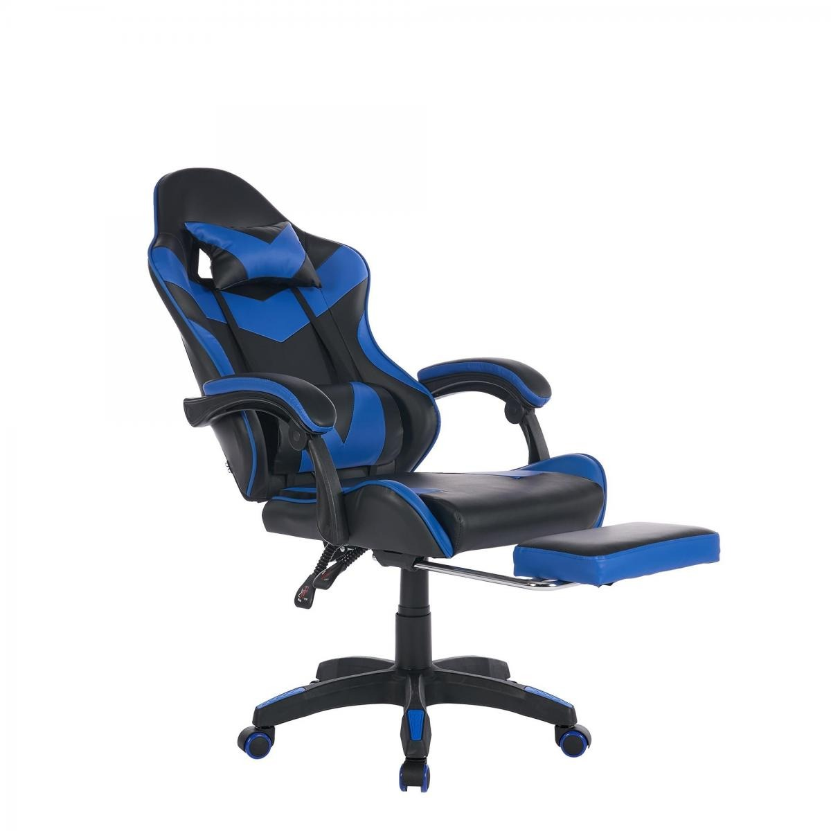 Ein schwarzer Gaming-Stuhl mit blauen Akzenten und ausziehbarer Fußstütze.