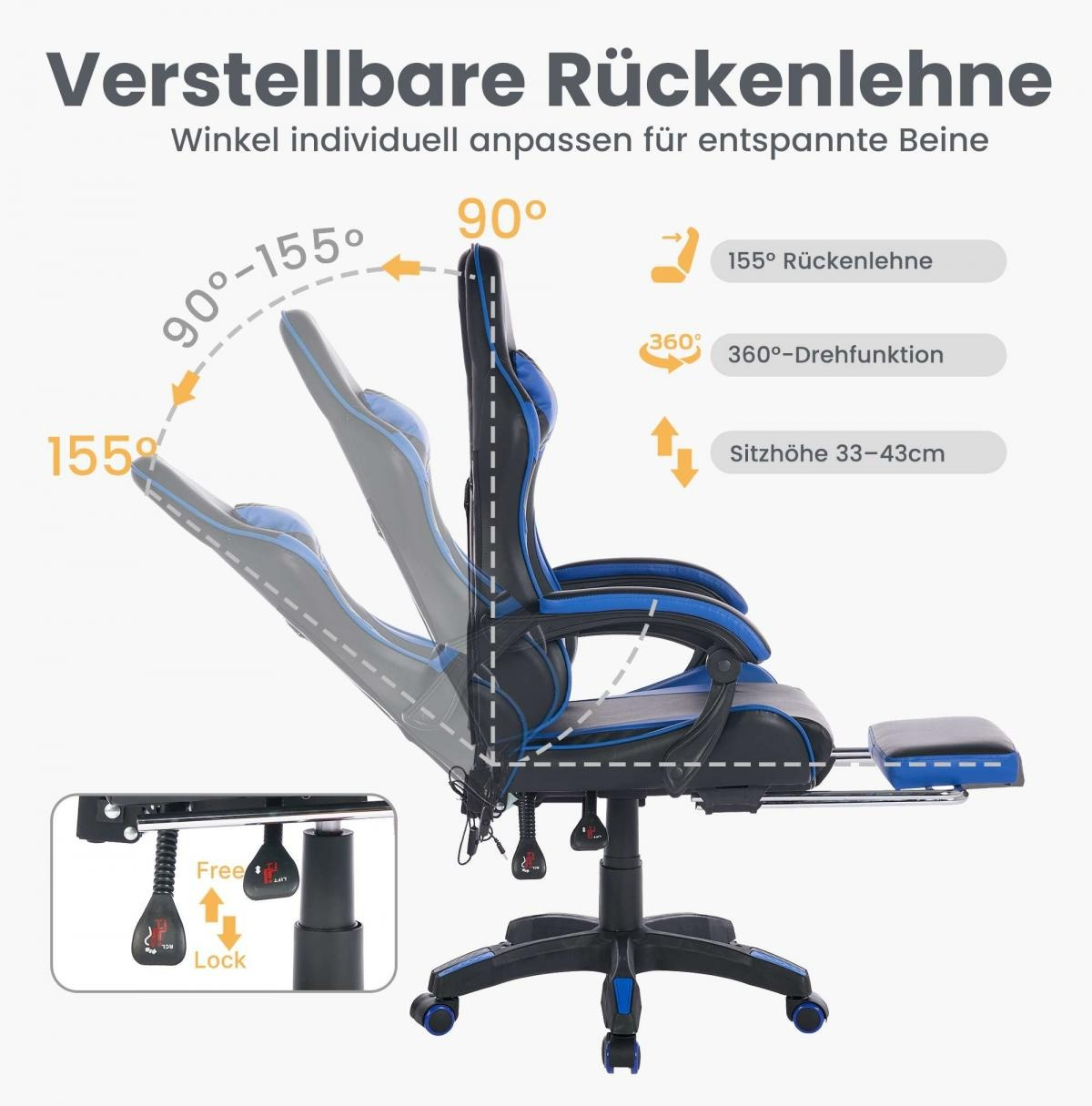 Blauer Gaming-Stuhl mit verstellbarer Rückenlehne (90°-155°), 360° Drehfunktion und Sitzhöhenverstellung.