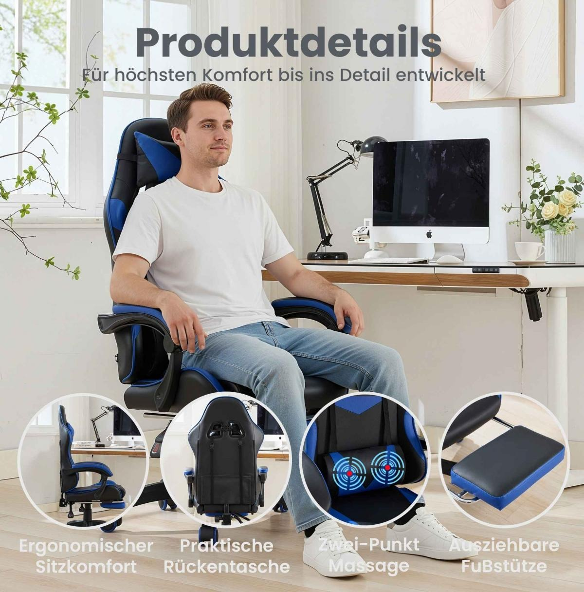 Mann sitzt in einem blauen und schwarzen Gaming-Stuhl mit Produktmerkmalen.