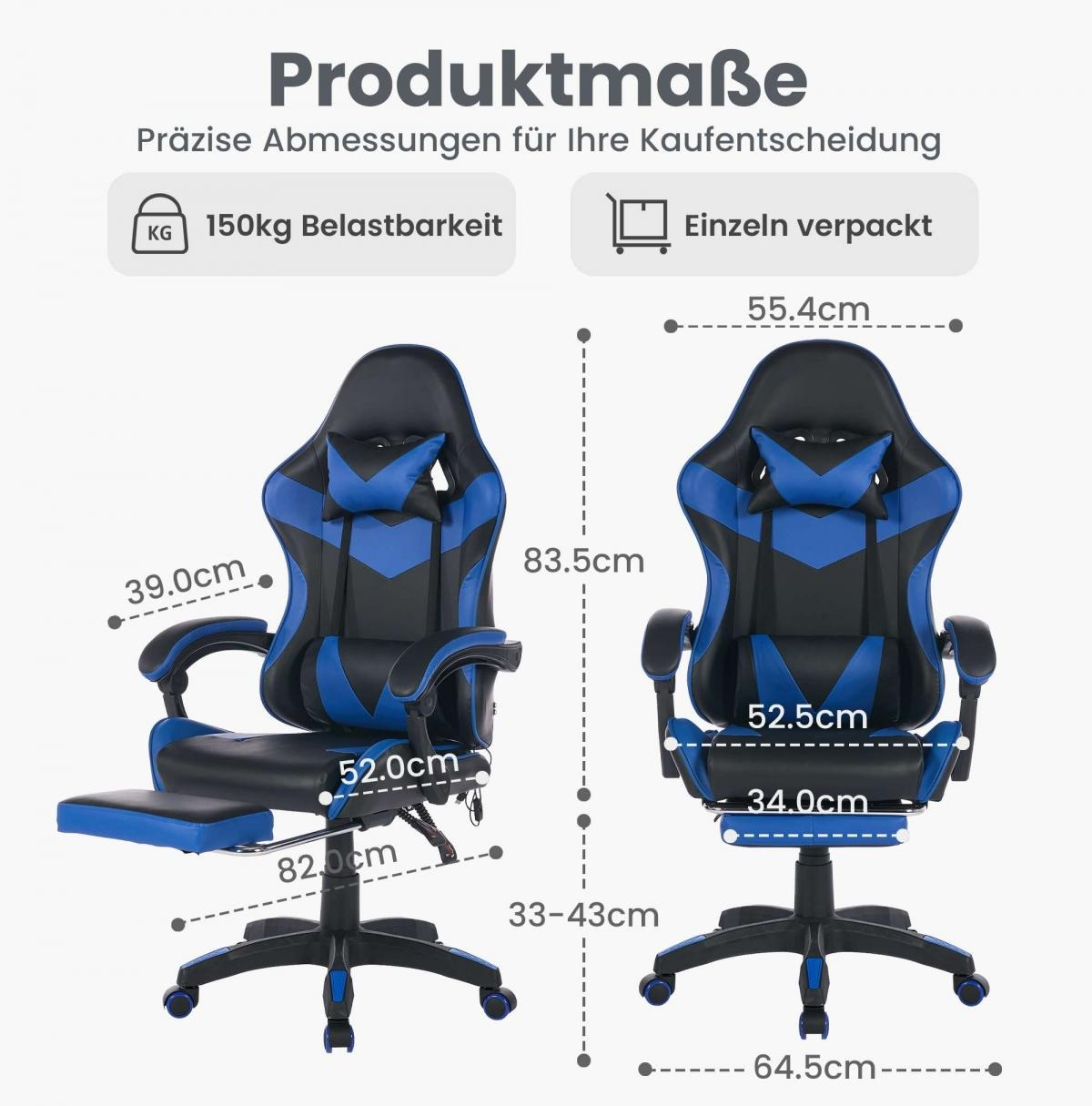 Produktmaße eines blauen und schwarzen Gaming-Stuhls mit Maßen.