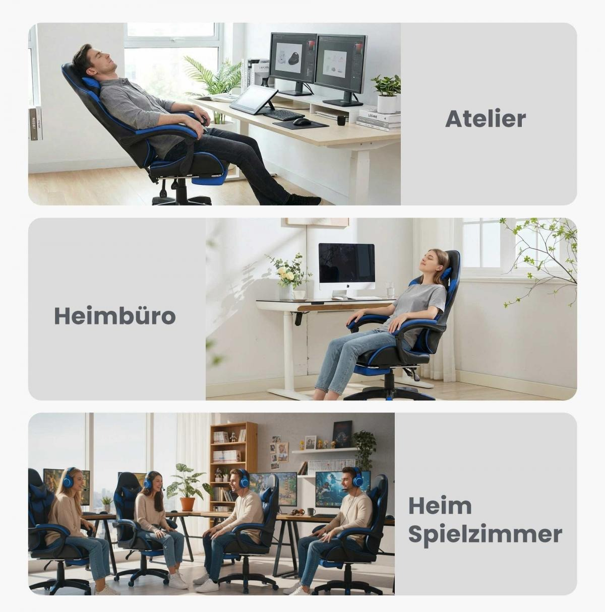 Drei Szenen: Mann im Atelier, Frau im Heimbüro, Gruppe im Heimspielzimmer.