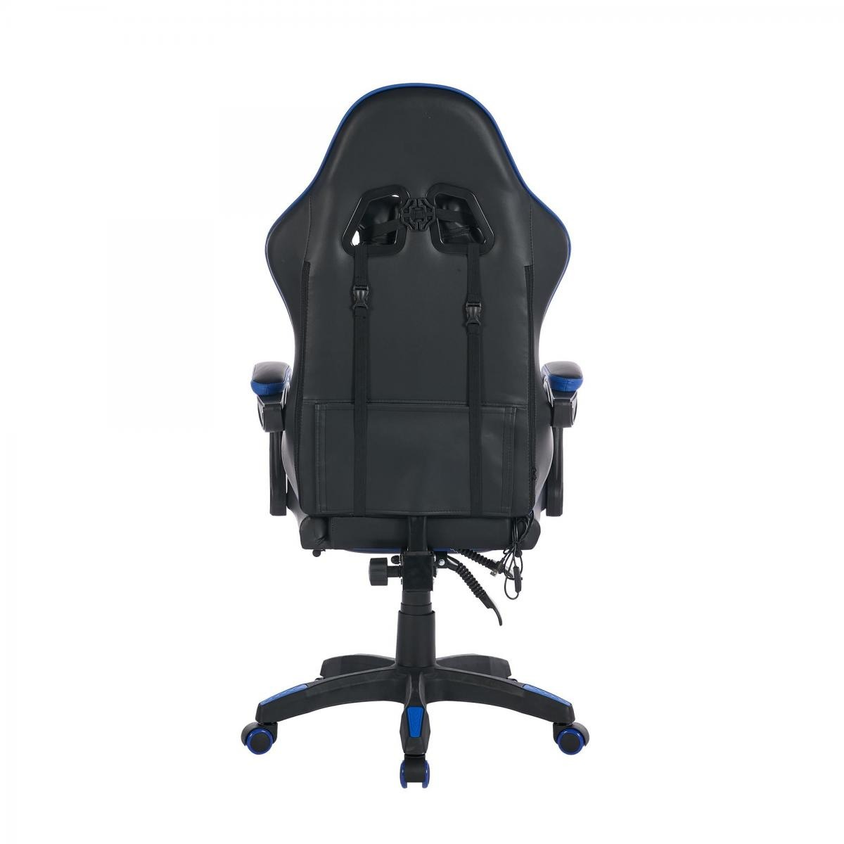 Schwarzer Gaming-Stuhl mit blauen Akzenten, von hinten gesehen.