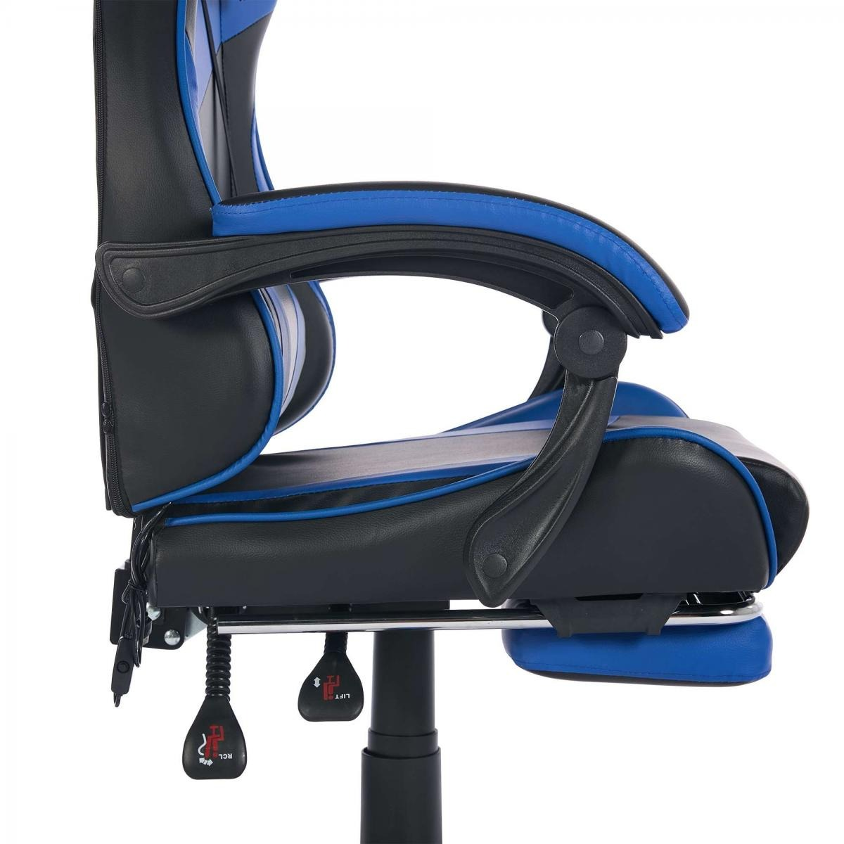 Nahaufnahme der Armlehne und des Sitzmechanismus eines schwarz-blauen Gaming-Stuhls.