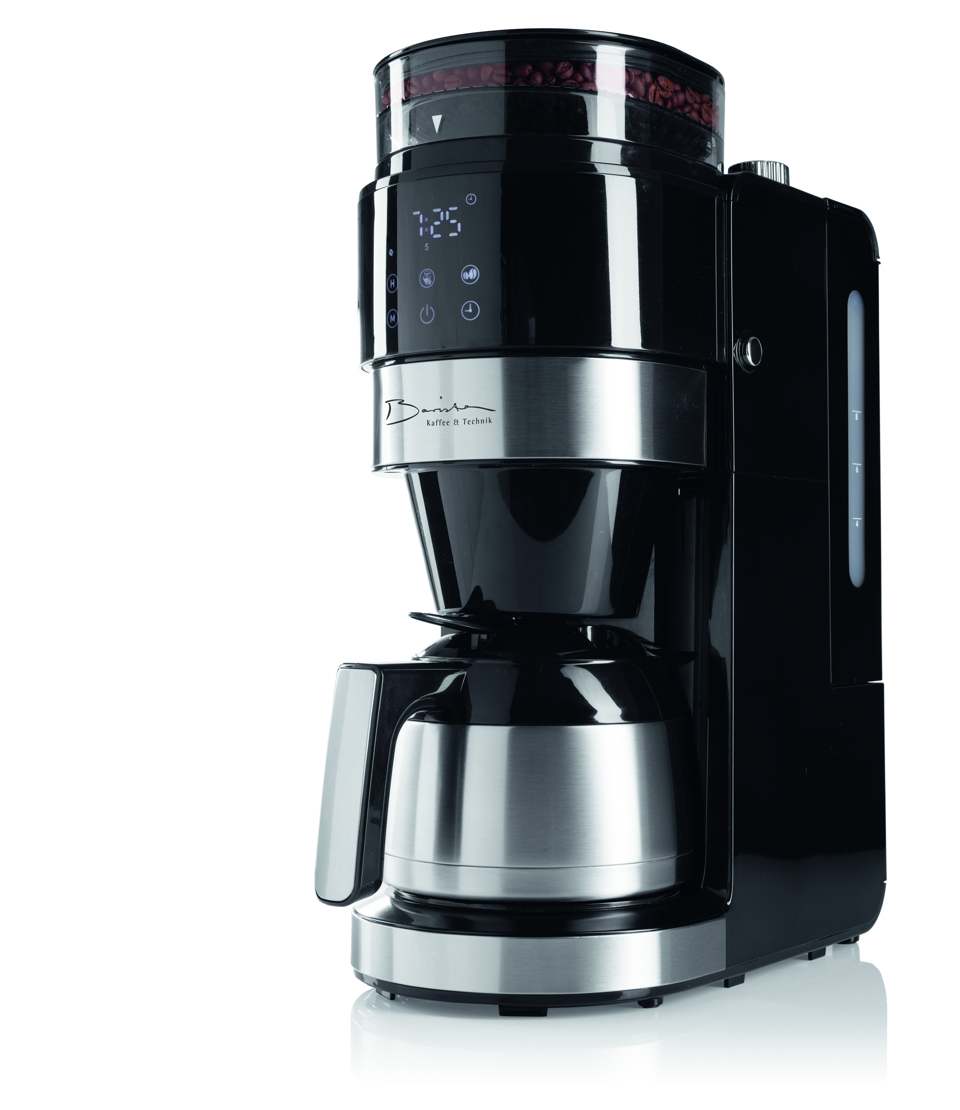 Schwarze Kaffeemaschine mit integriertem Mahlwerk und Thermoskanne.
