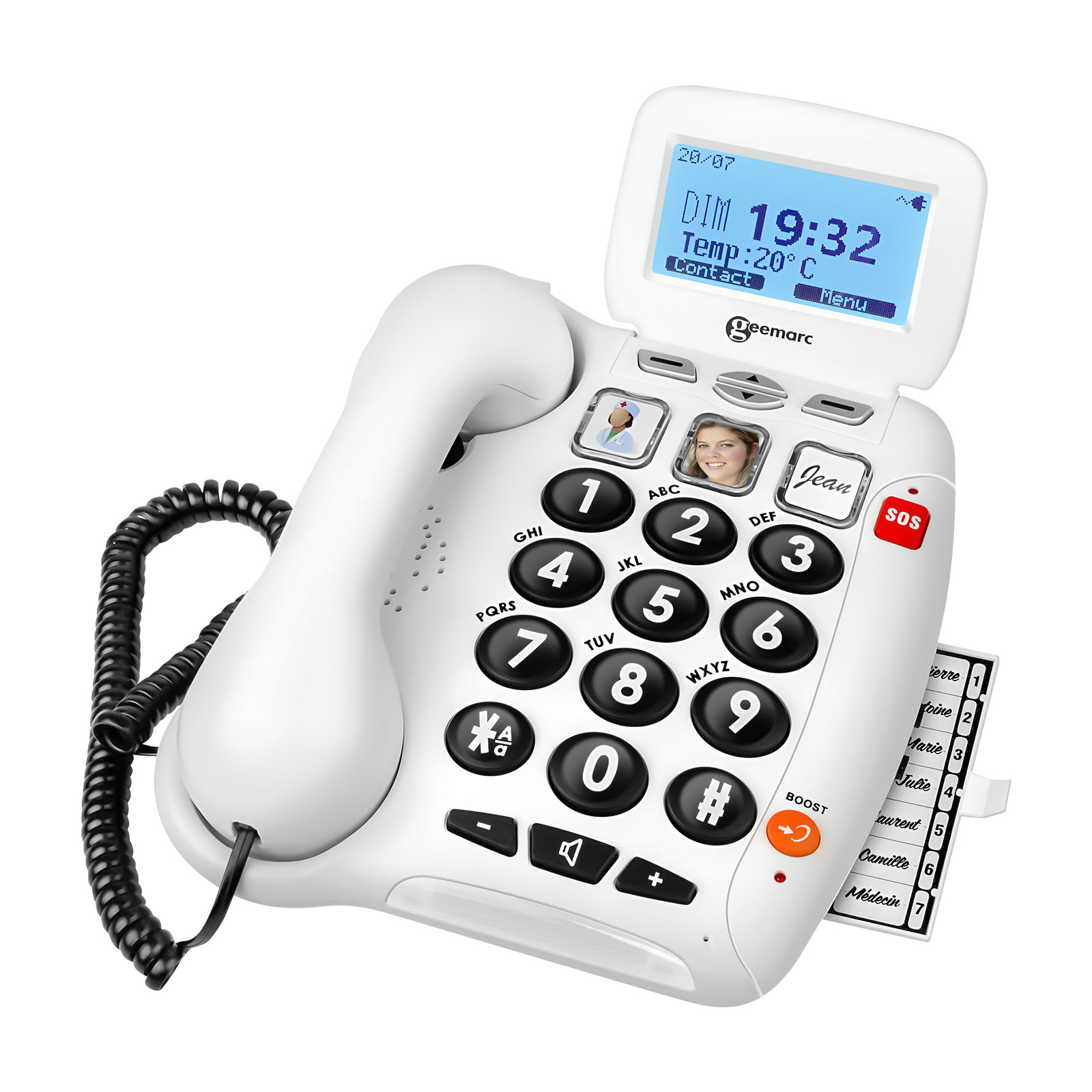 Ein weißes Geemarc-Telefon mit großen Tasten und einem LCD-Bildschirm.