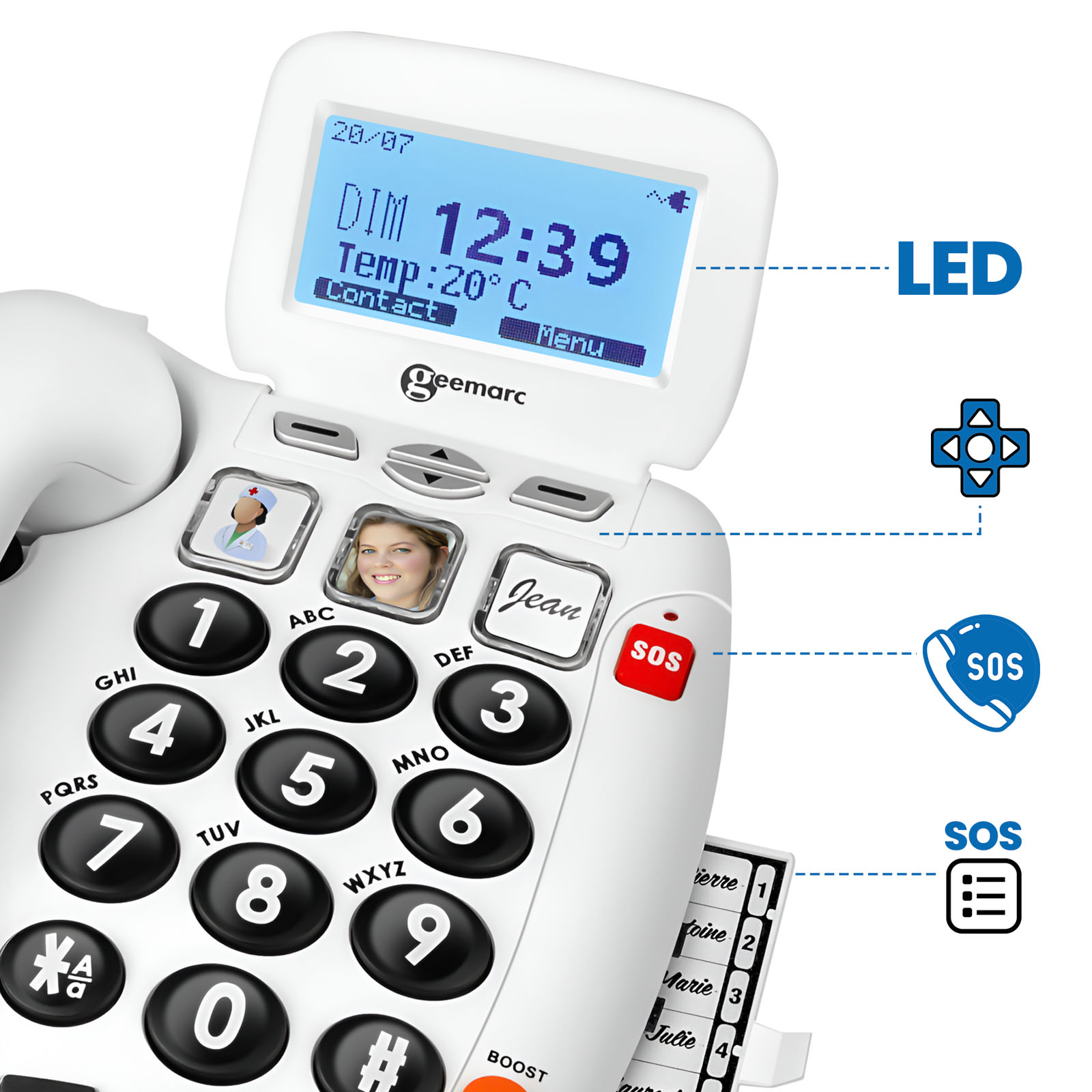 Ein weißes Geemarc-Telefon mit beleuchtetem Display und SOS-Taste.
