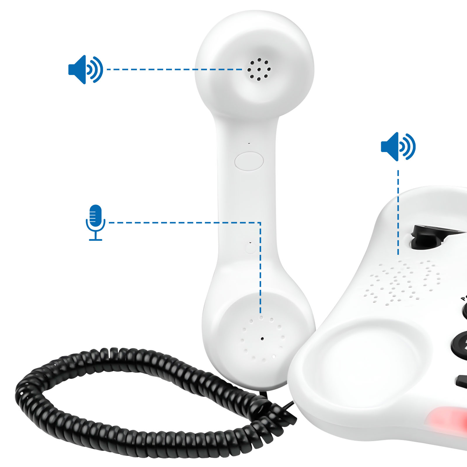 Ein weißes Retro-Telefon mit einem Hörer, der durch blaue Linien mit Lautsprecher- und Mikrofonsymbolen verbunden ist.