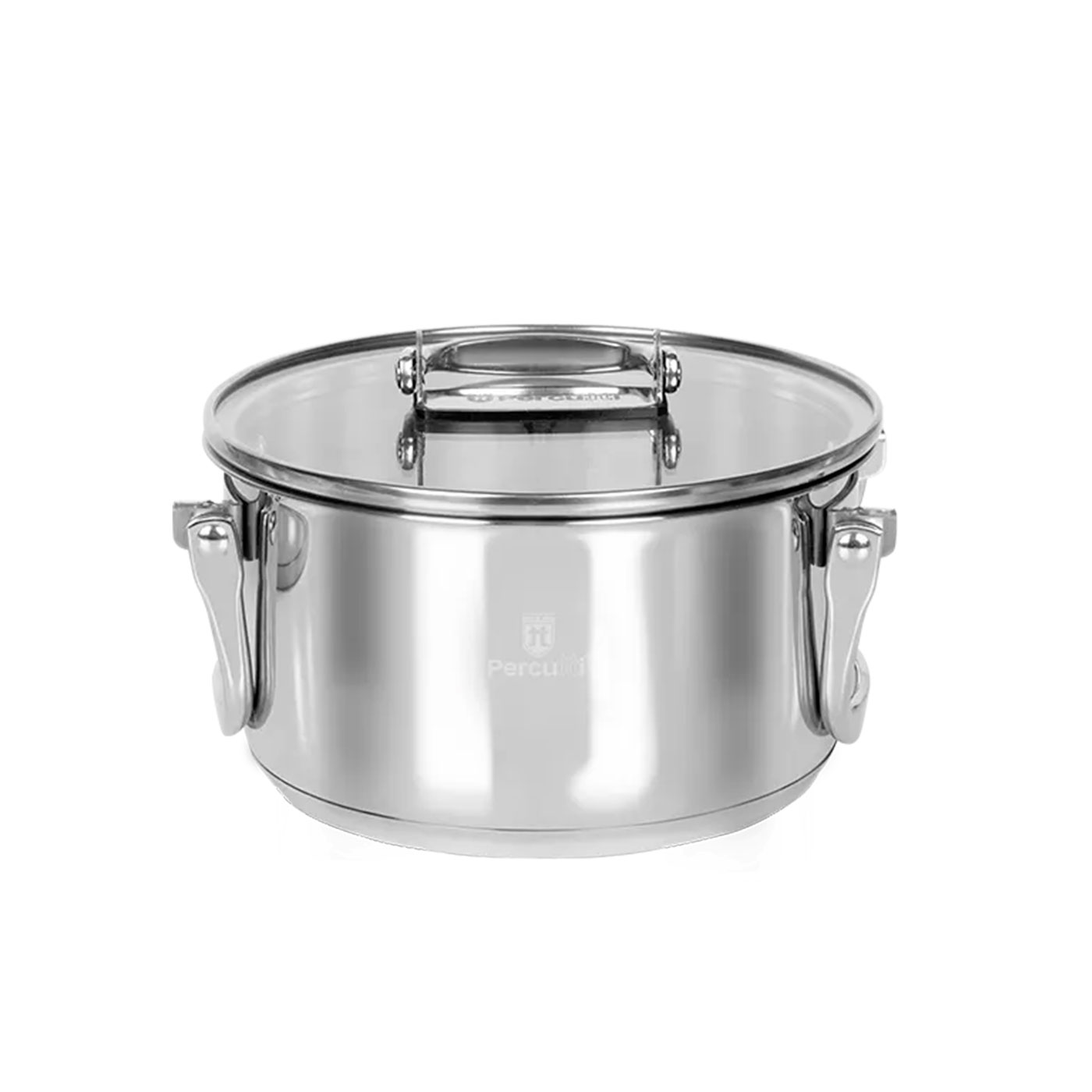 Una olla de metal plateada con tapa de cristal y asas. Logo en el centro.