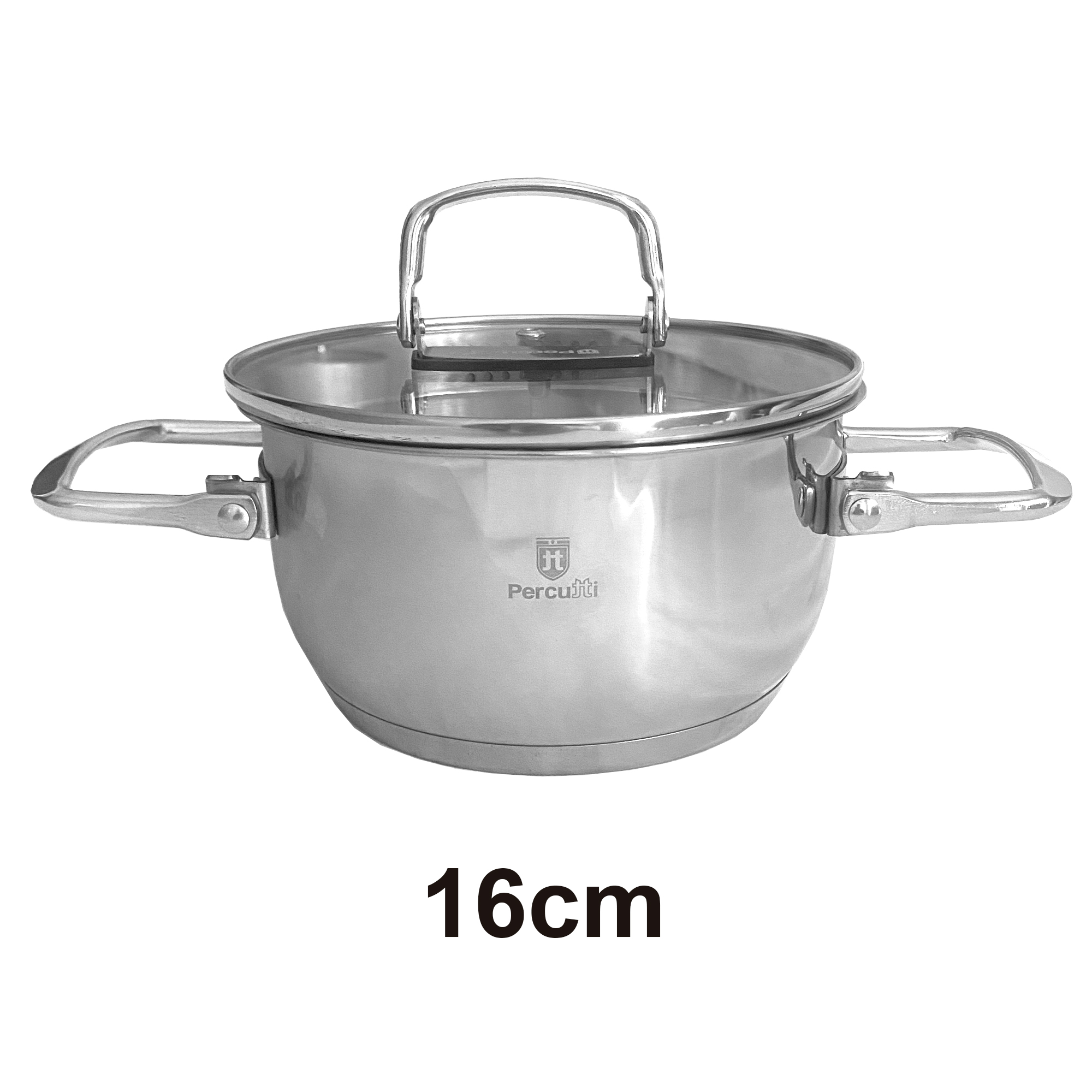 Olla de acero inoxidable con tapa y dos asas, 16 cm de diámetro.