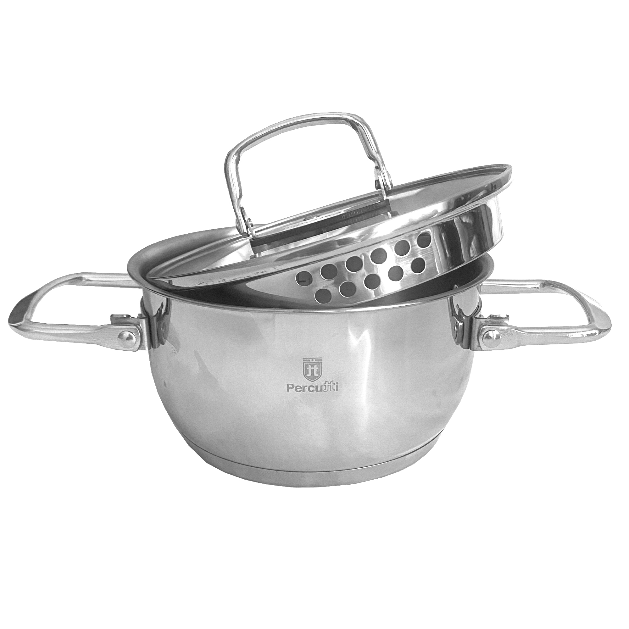 Olla de acero inoxidable con dos asas y un inserto colador.