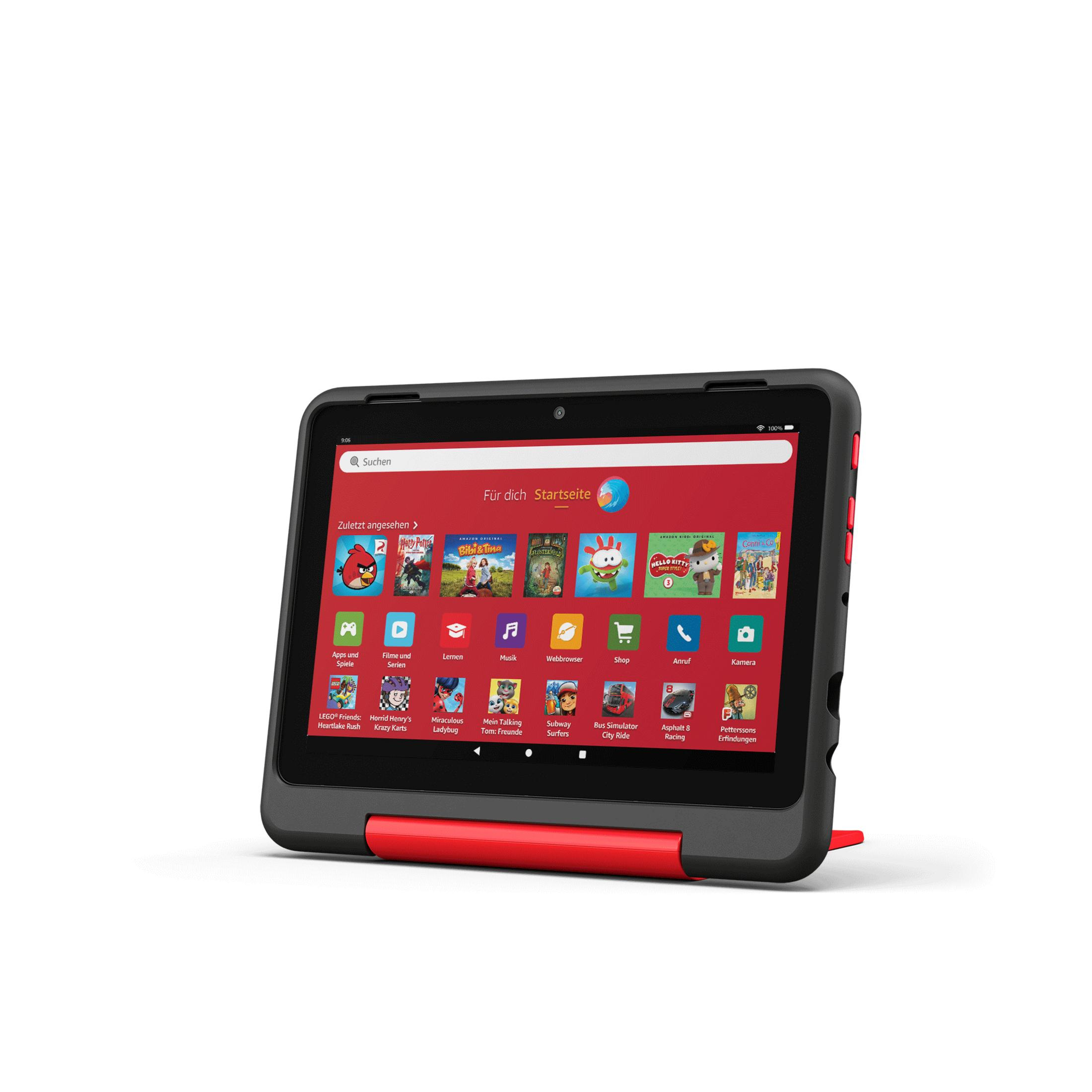 Ein Tablet mit schwarzem Gehäuse und rotem Ständer zeigt Apps wie Angry Birds.