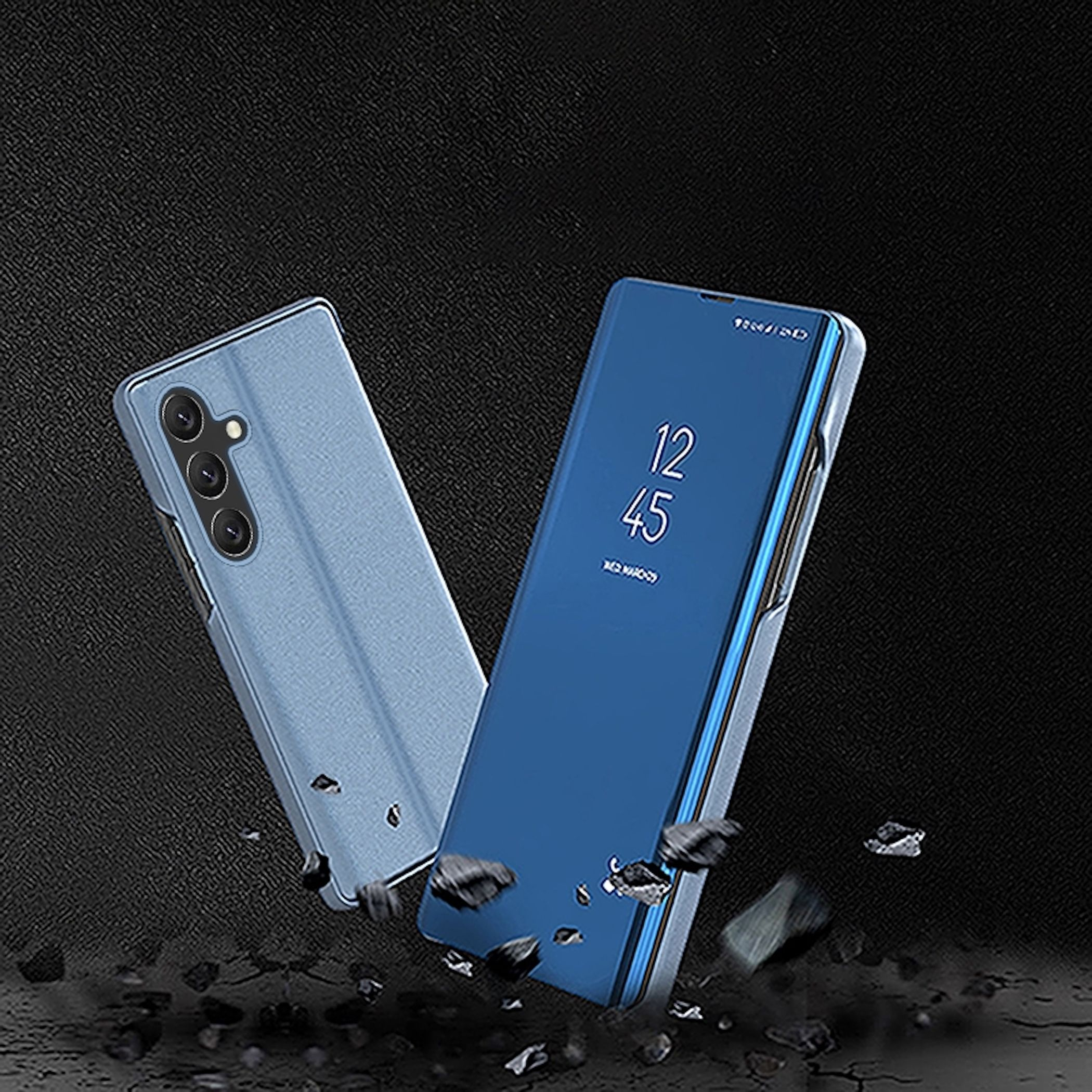 Zwei blaue Handyhüllen im Flug, eine mit Spiegel-Flip-Cover und Uhrzeit.