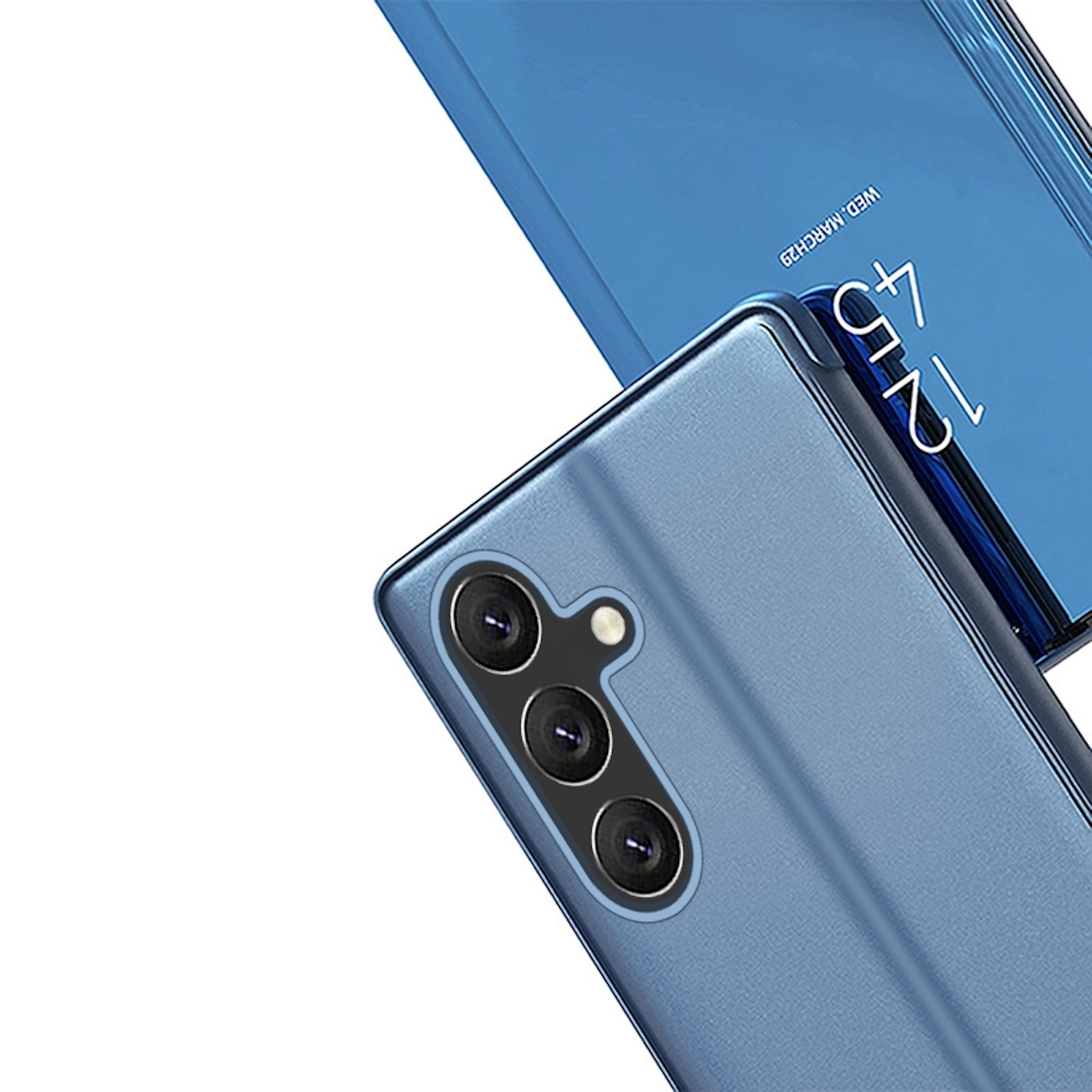 Ein blaues Smartphone mit drei Kameras und einer Uhrzeit 12:45.