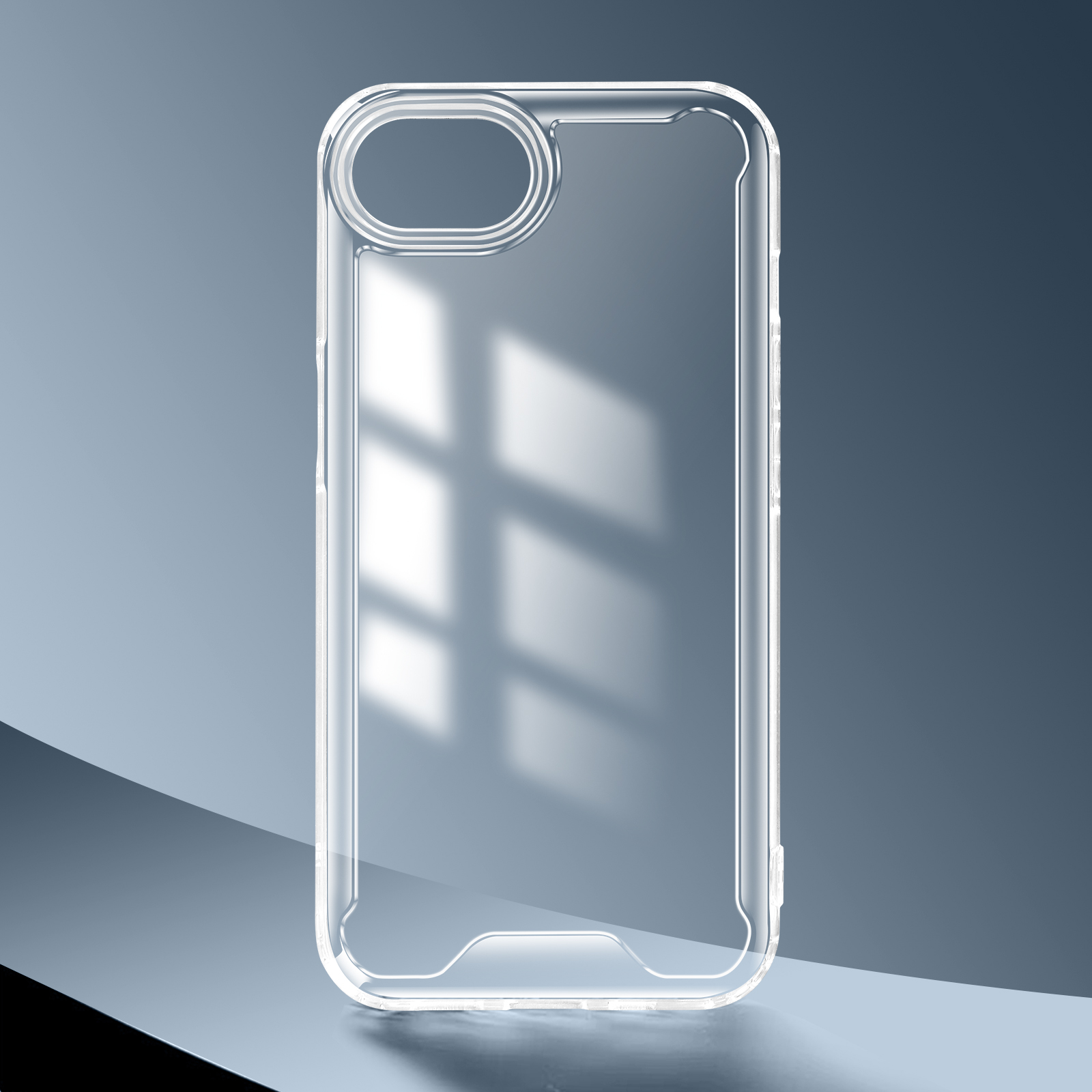Custodia trasparente per telefono con motivo a ombra su sfondo blu.