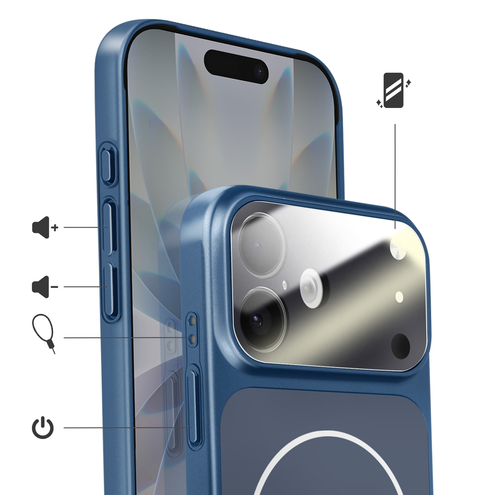Ein blaues Handy mit Kameramodul und seitlichen Tasten.