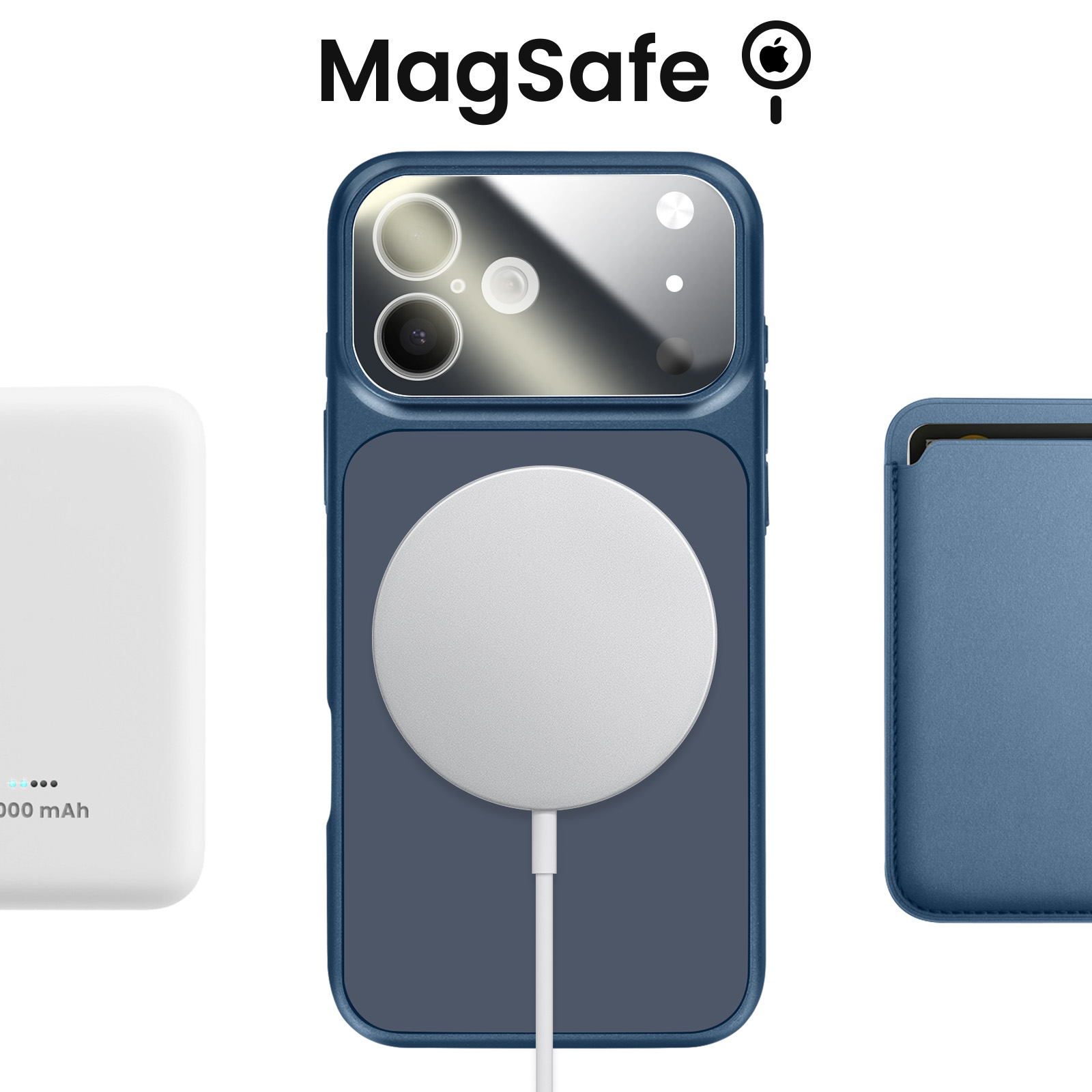 Ein iPhone mit MagSafe-Ladegerät, Powerbank und Kartenetui auf weißem Hintergrund.