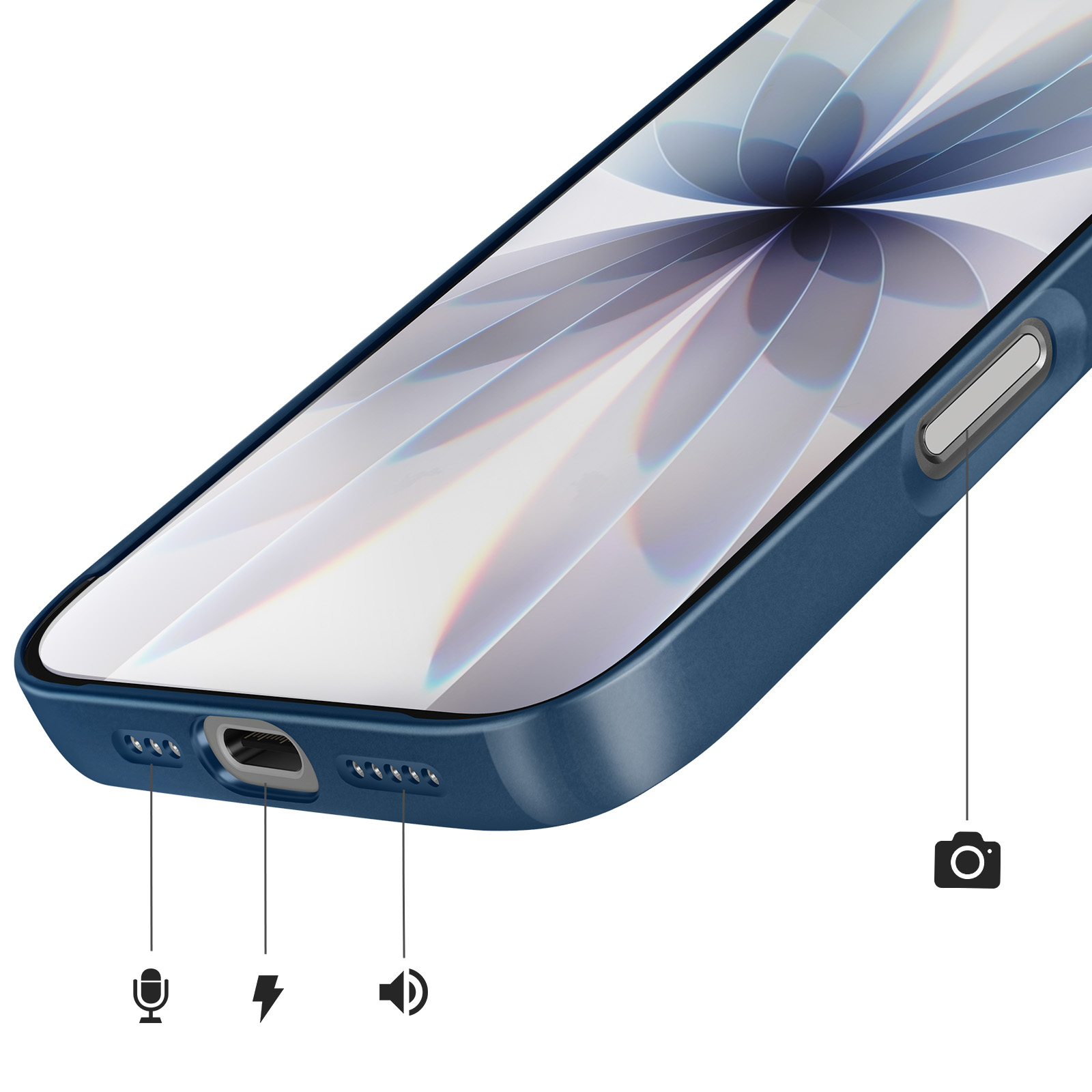 Dunkelblaues Handy mit Ladeanschluss, Mikrofon-, Blitz- und Lautsprechersymbolen.