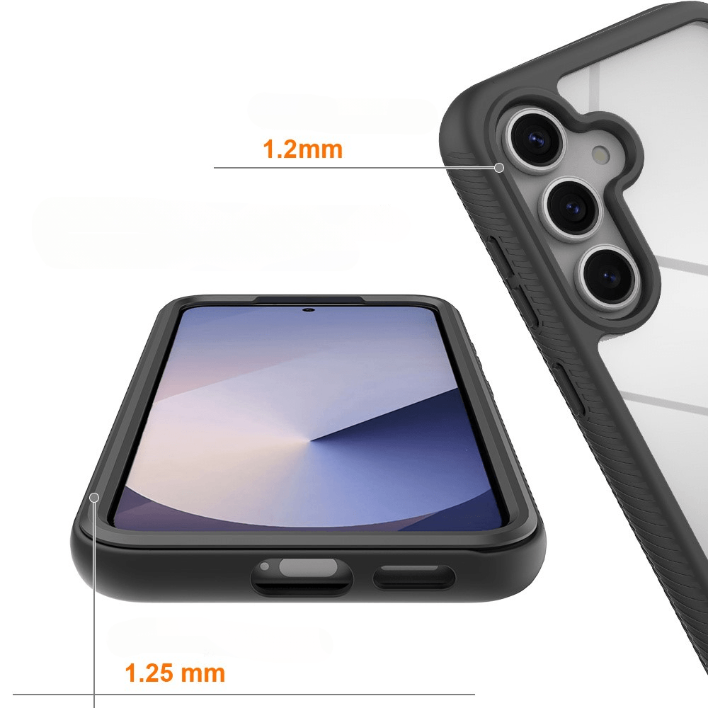 Schwarze Handyhülle mit Kameraschutz und Maßen 1,2 mm und 1,25 mm.