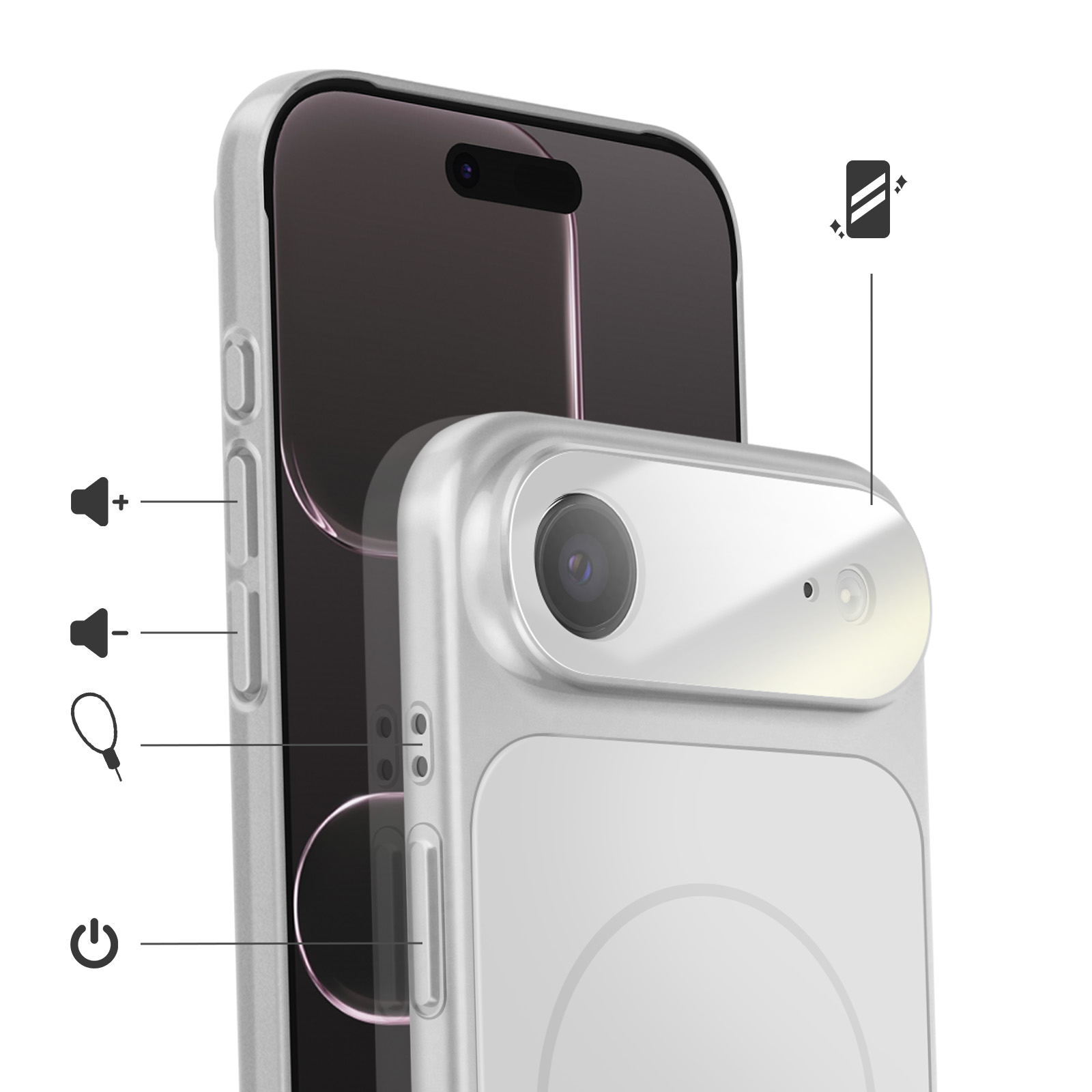 Mostrato un telefono argentato con fotocamera e controlli. Primo piano.