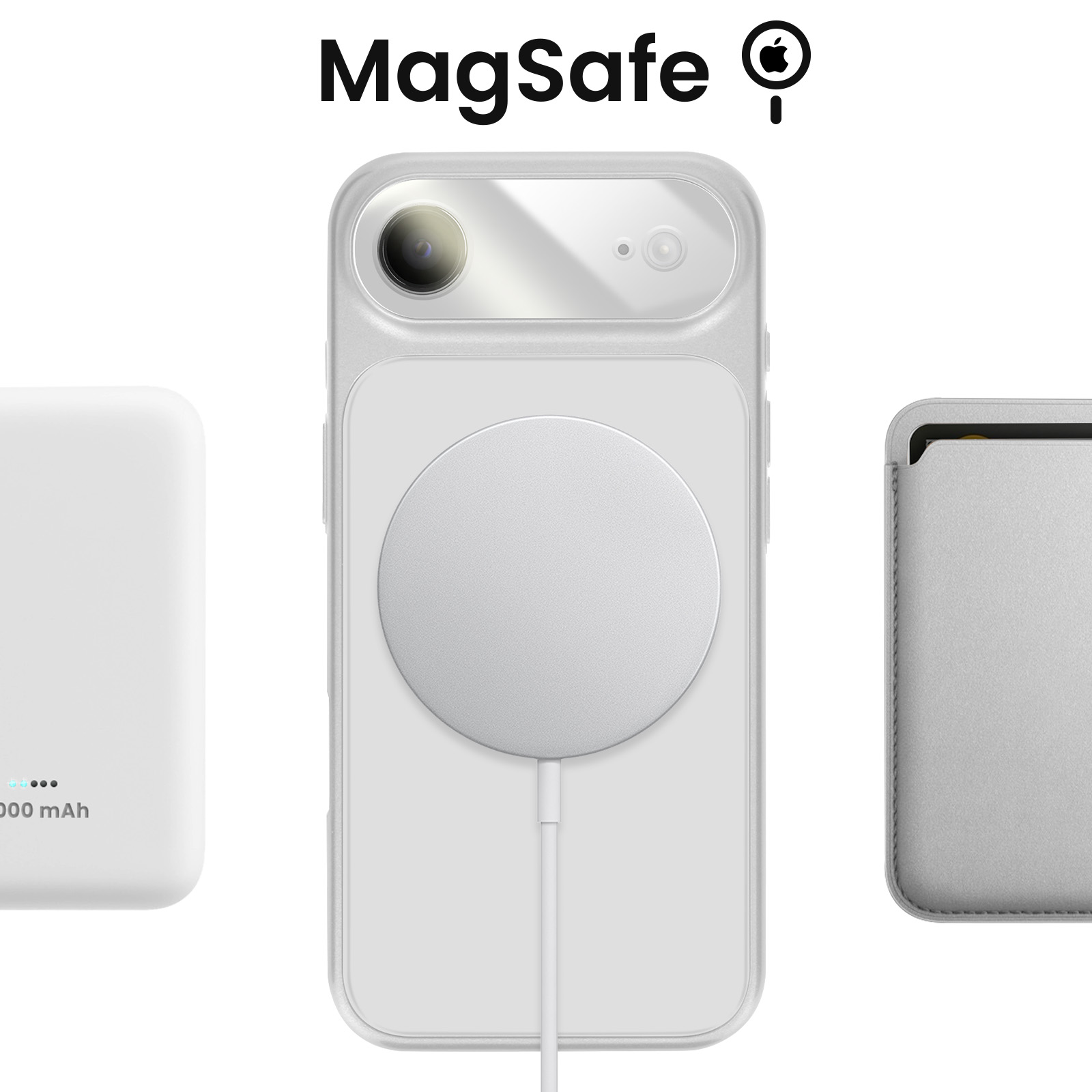 Accessori MagSafe: power bank, cover e porta carte uno accanto all'altro.