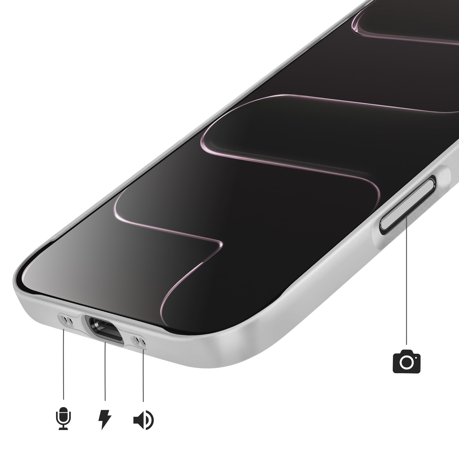 Un telefono bianco con schermo nero che mostra icone per microfono, ricarica e altoparlante.
