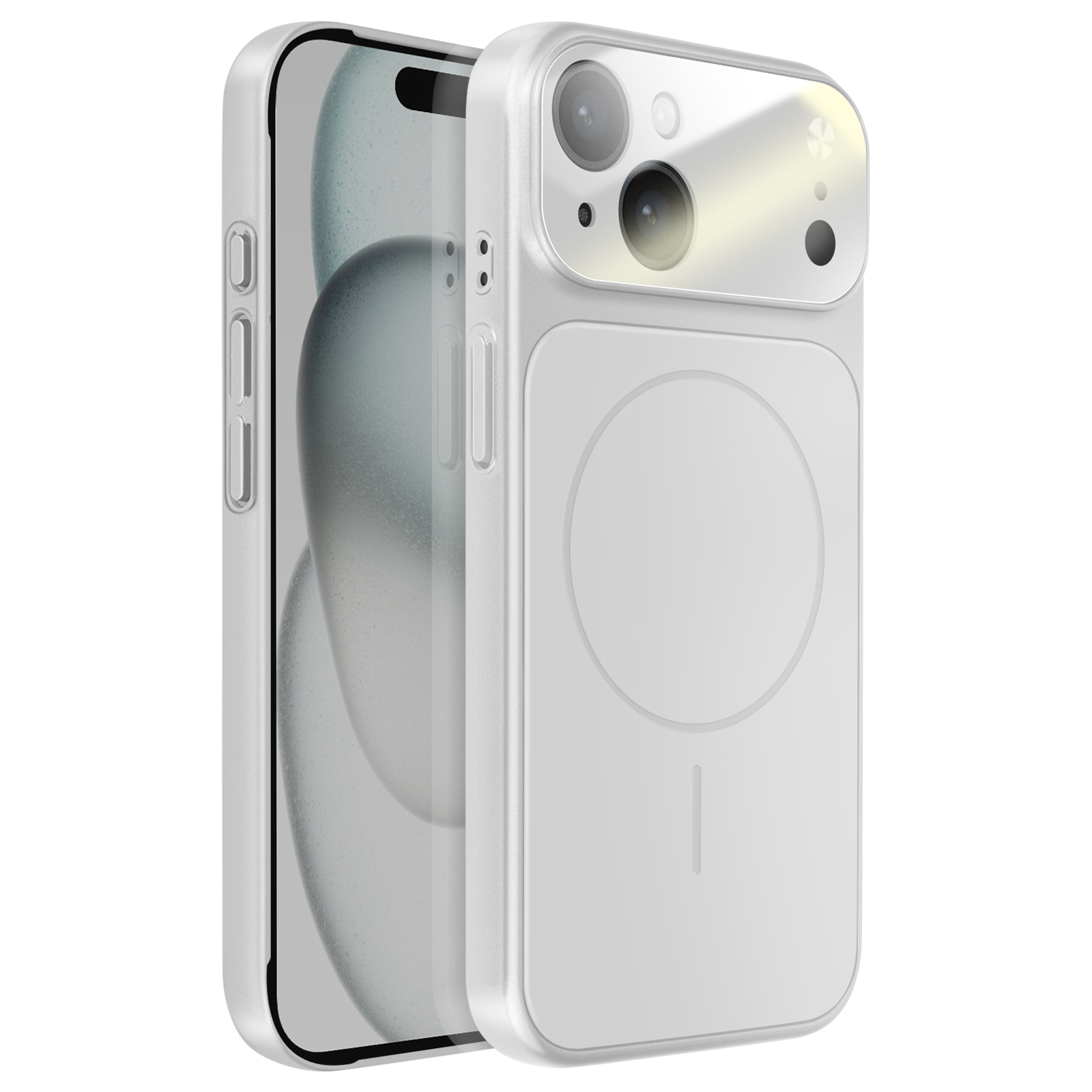 Un téléphone blanc avec étui doté d'un appareil photo et d'un flash.