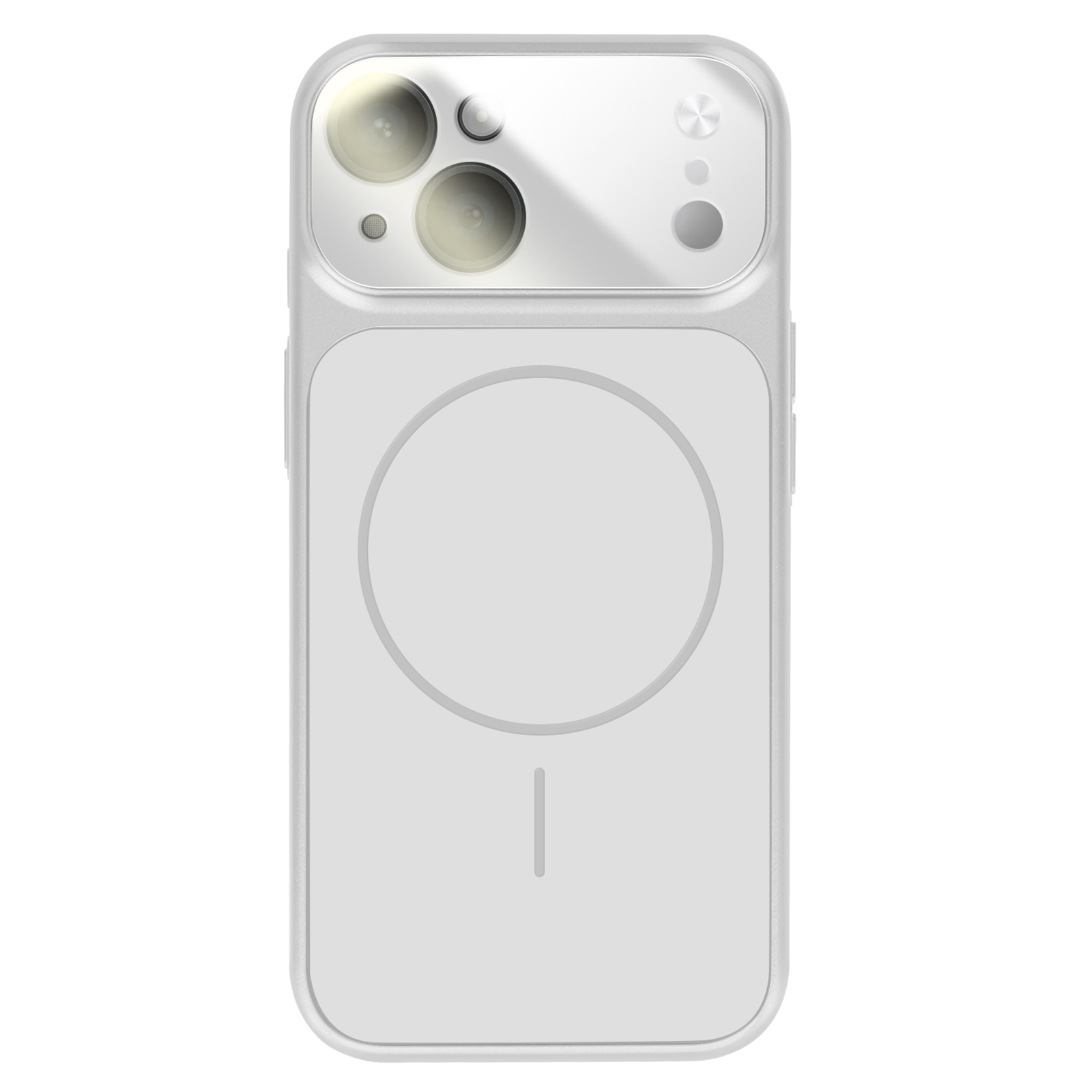 Coque de téléphone blanche avec objectifs de caméra et motif d'anneau magnétique.
