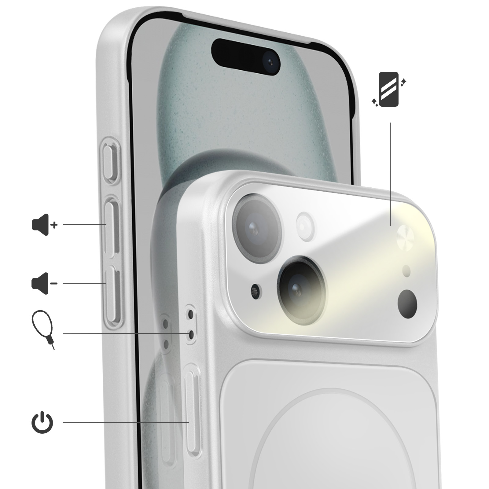 Coque de téléphone blanche avec îlot caméra, flash et boutons volume.