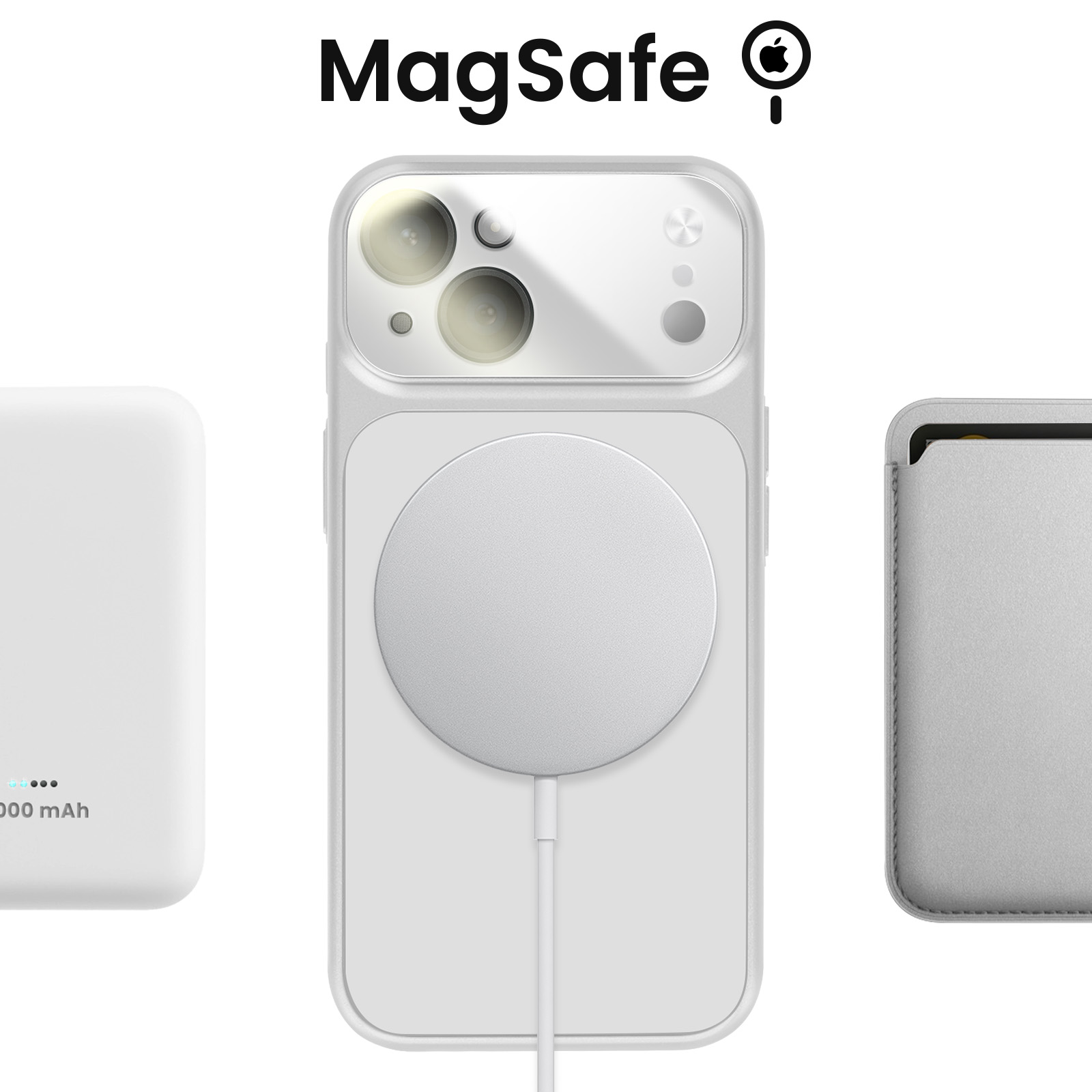 Coque MagSafe blanche avec cercle de charge, à côté d'une batterie externe blanche et d'un porte-cartes gris.