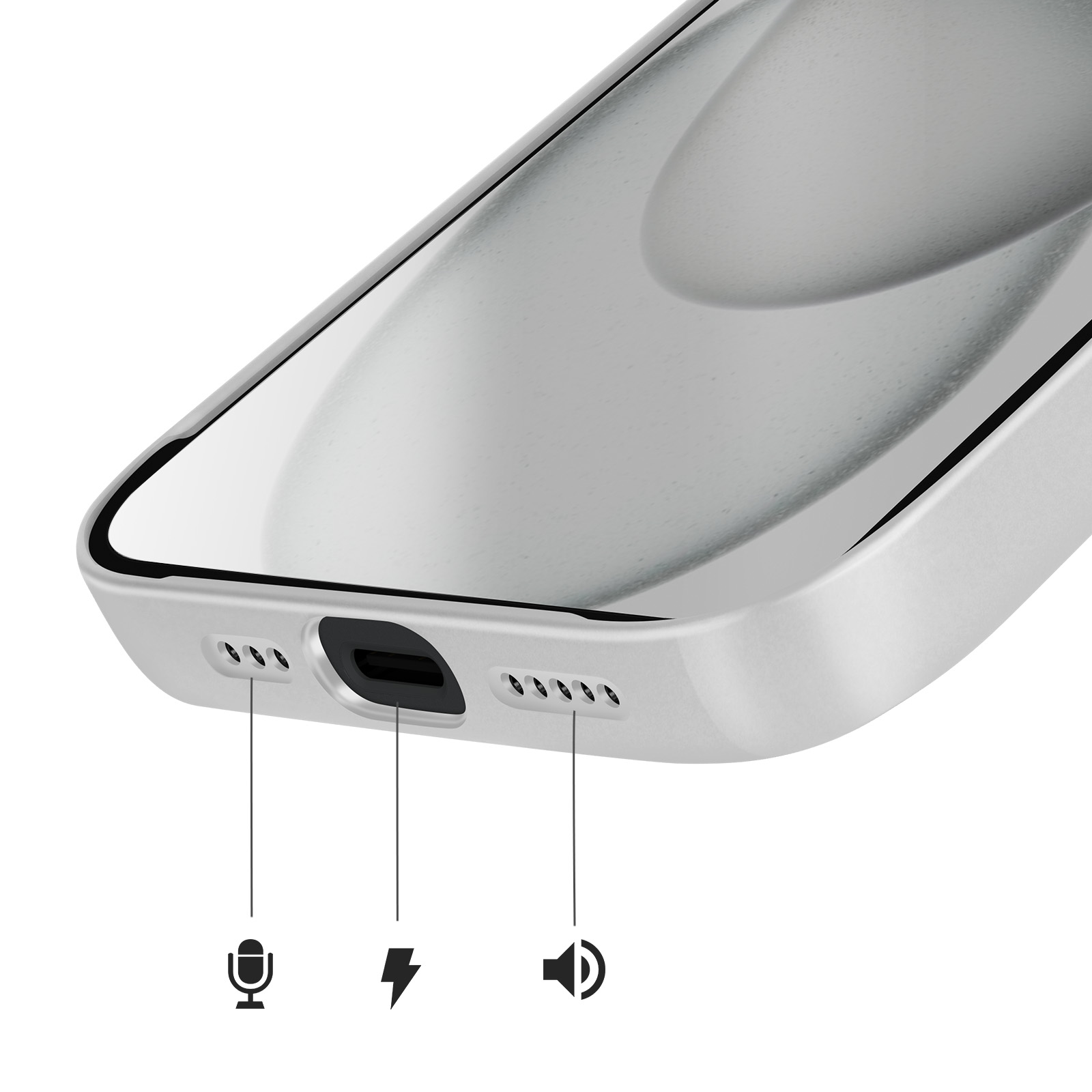 Gros plan du bord inférieur d'un téléphone blanc montrant les ports.