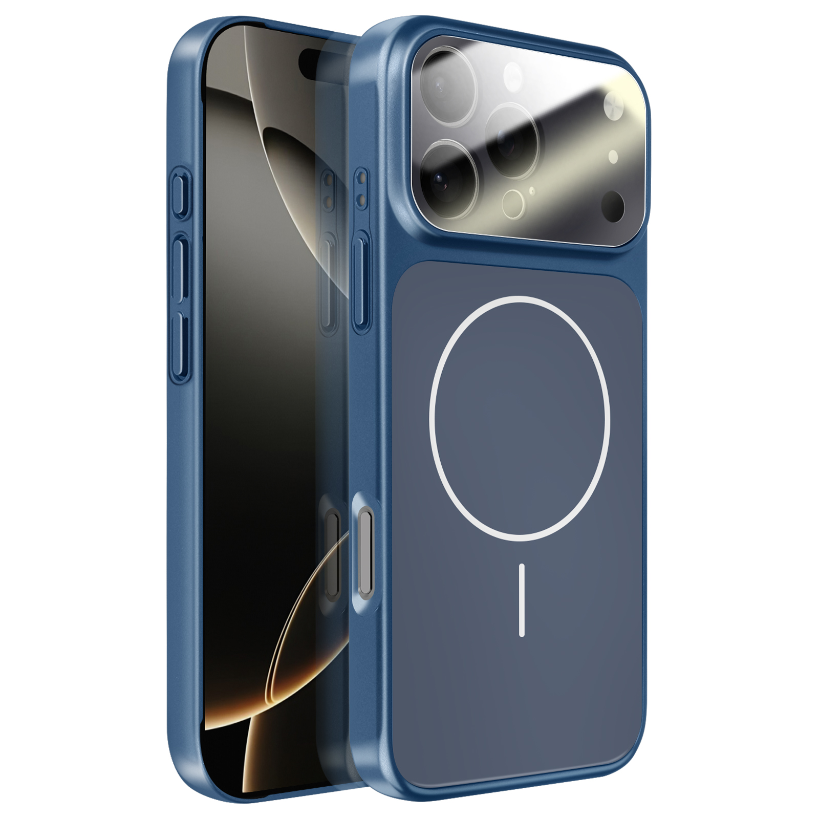 Coque bleu foncé avec cercle MagSafe et découpe caméra pour smartphone.