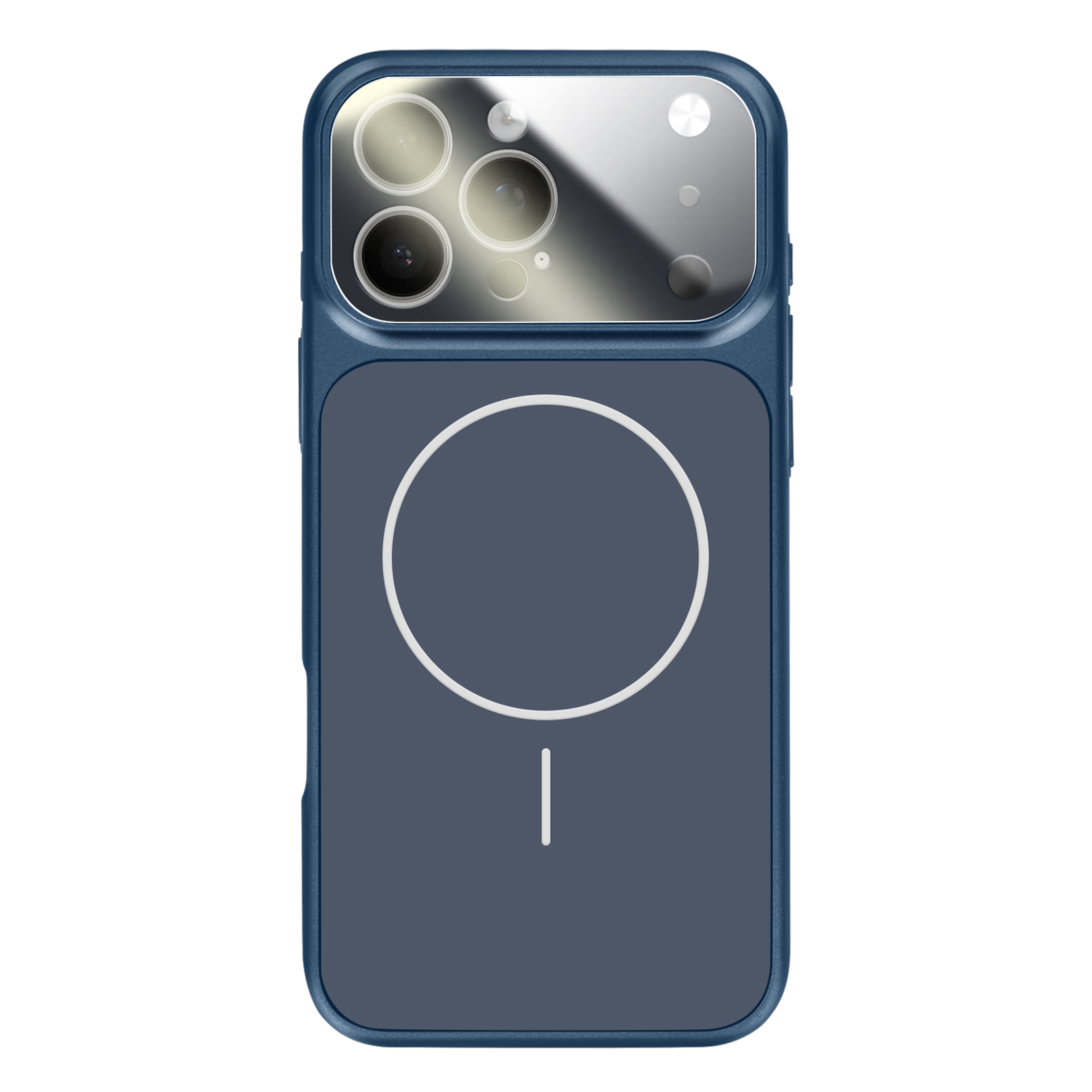 Coque de téléphone bleu foncé avec module caméra et cercle de charge