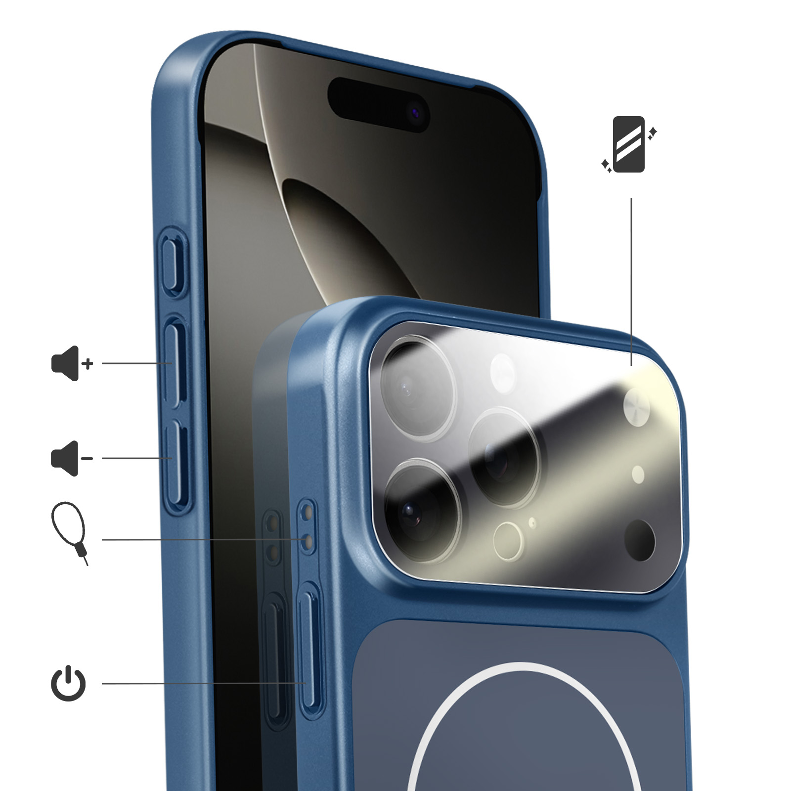 Téléphone bleu avec module caméra et icônes volume, alimentation et outil SIM.