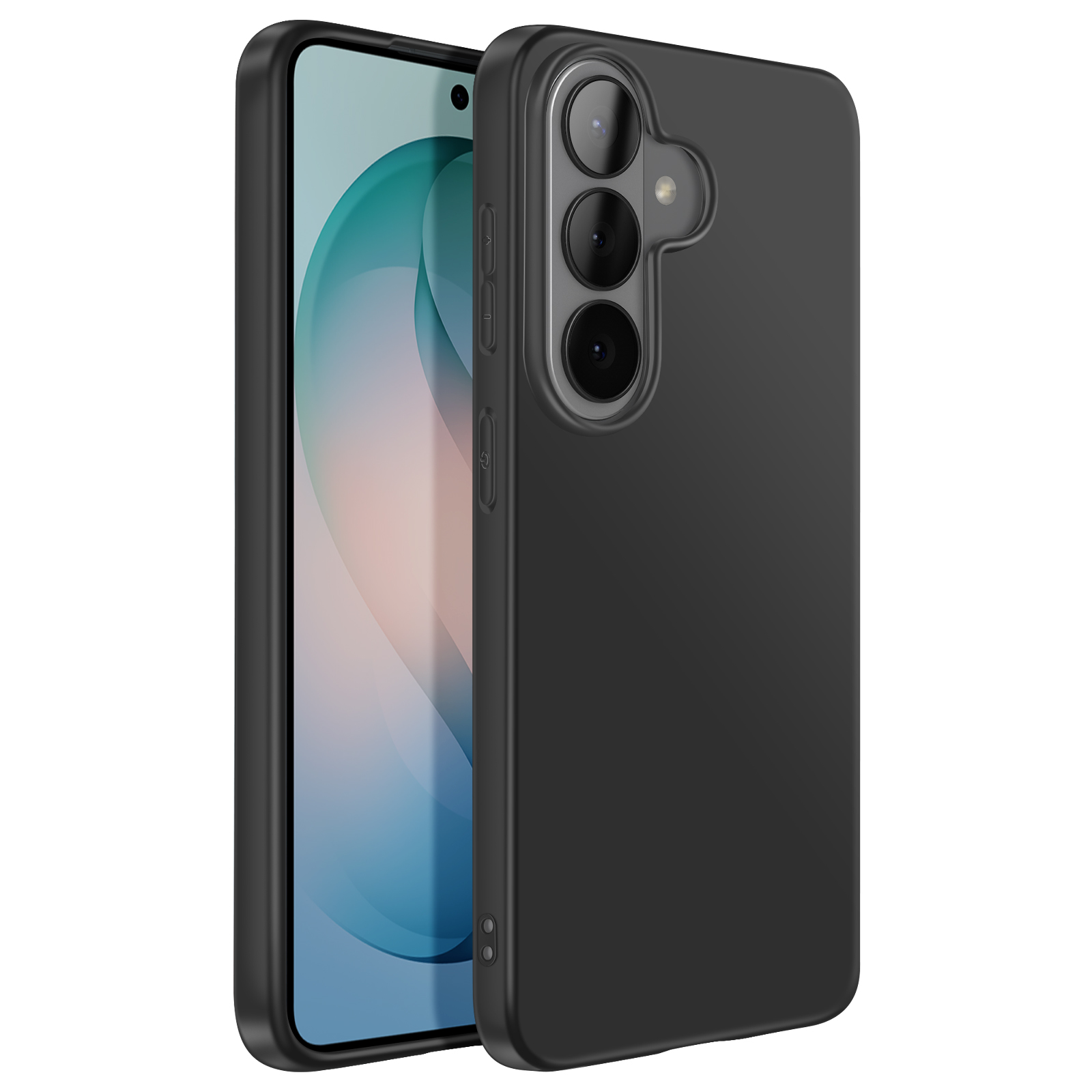 Zwarte telefoonhoes met drievoudige camera op witte achtergrond.