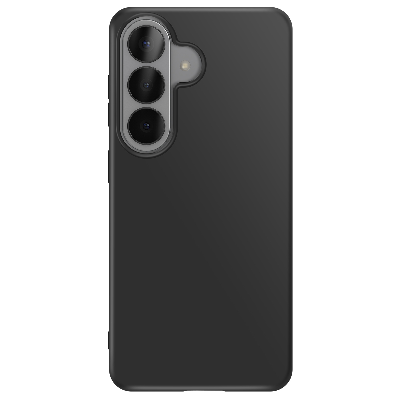 Zwarte telefoonhoes met drie cameralenzen en flitser op witte achtergrond.