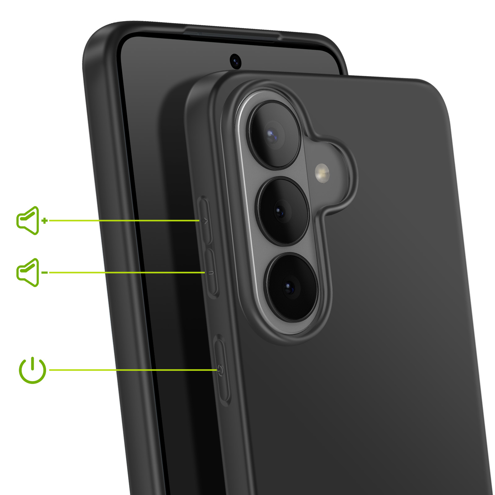 Zwarte smartphone met drie camera's en volume/aan-knoppen.