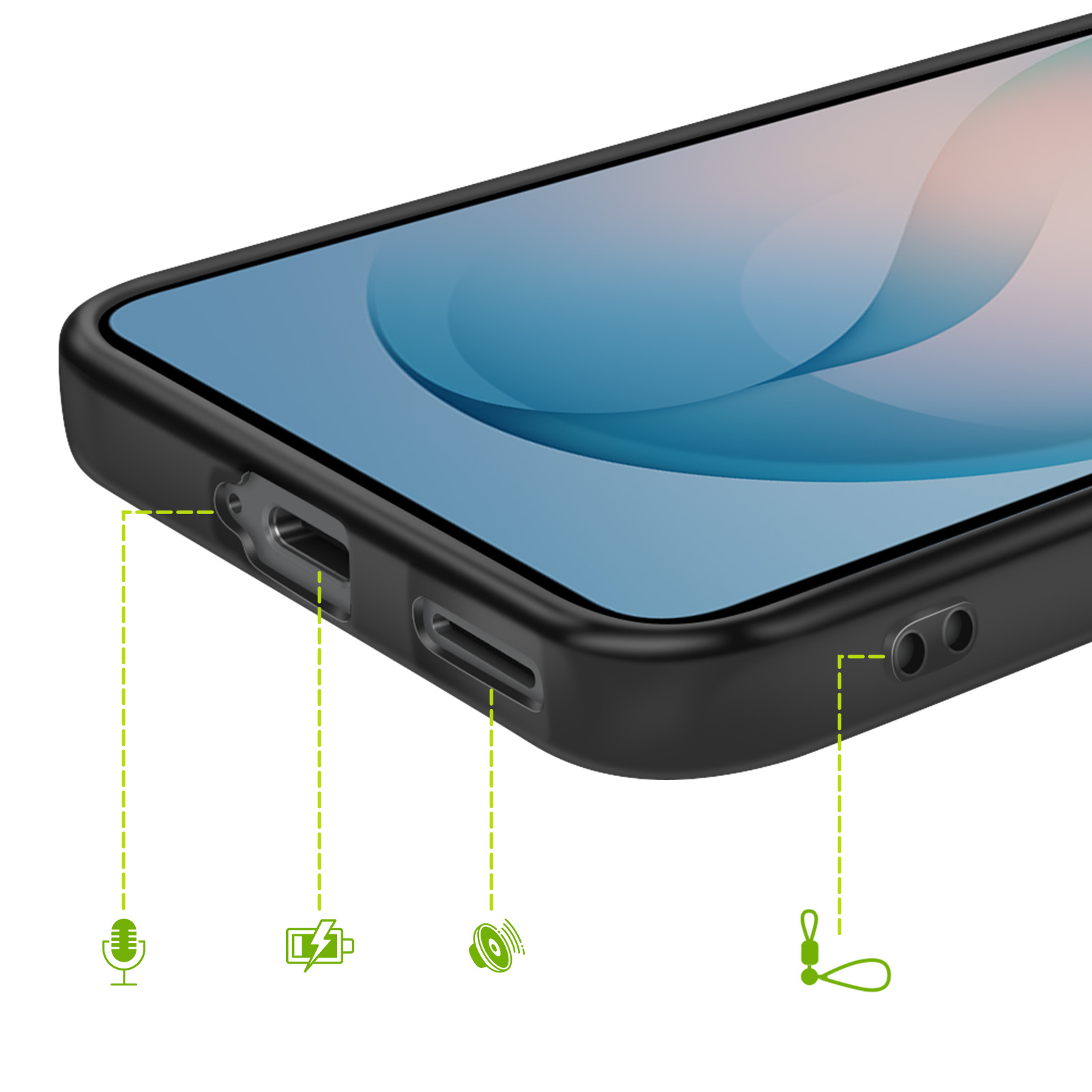 Zwarte telefoonhoes met uitsparingen voor poorten en luidspreker, en gat.