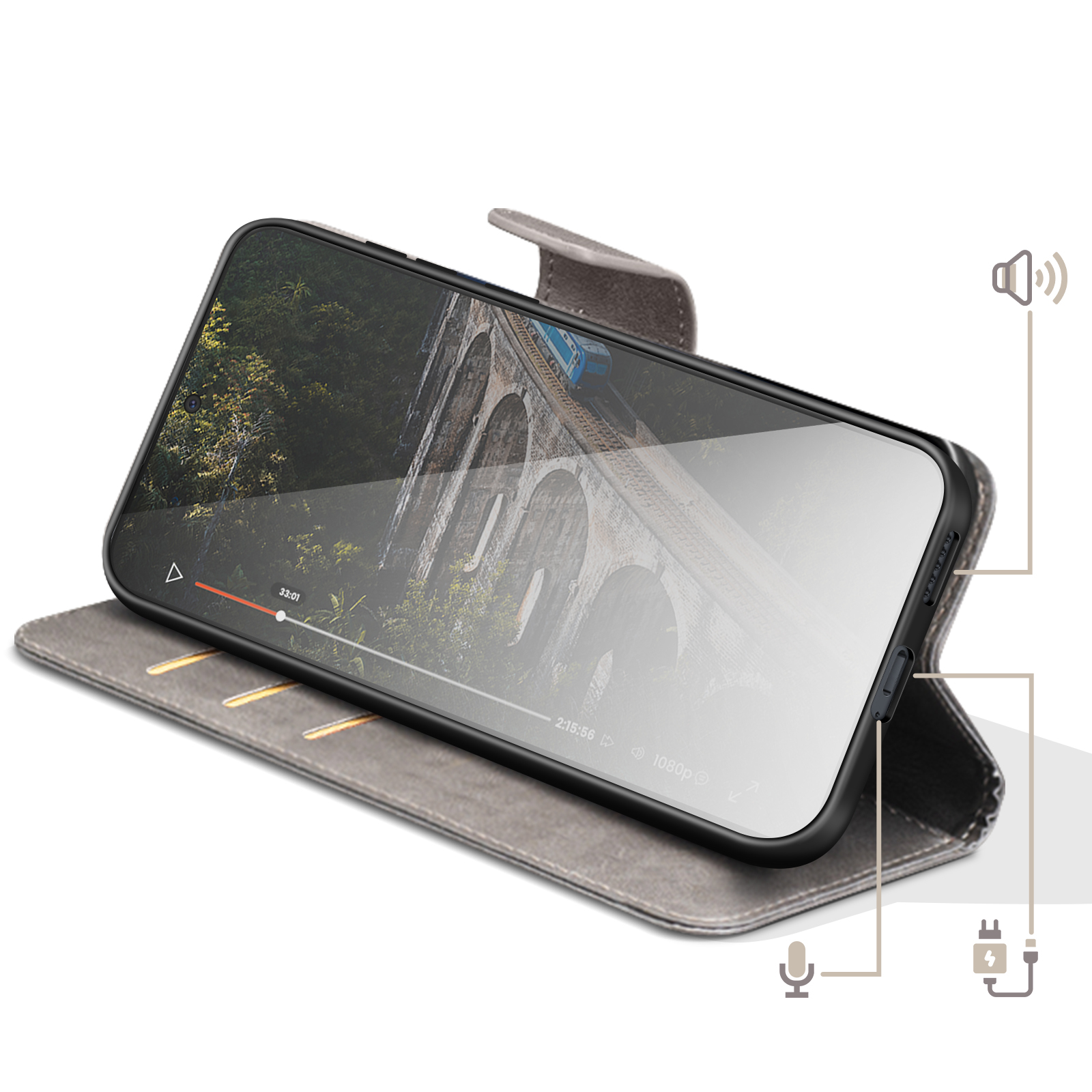 Uno smartphone in custodia a libro grigia mostra un video di un treno su un ponte.