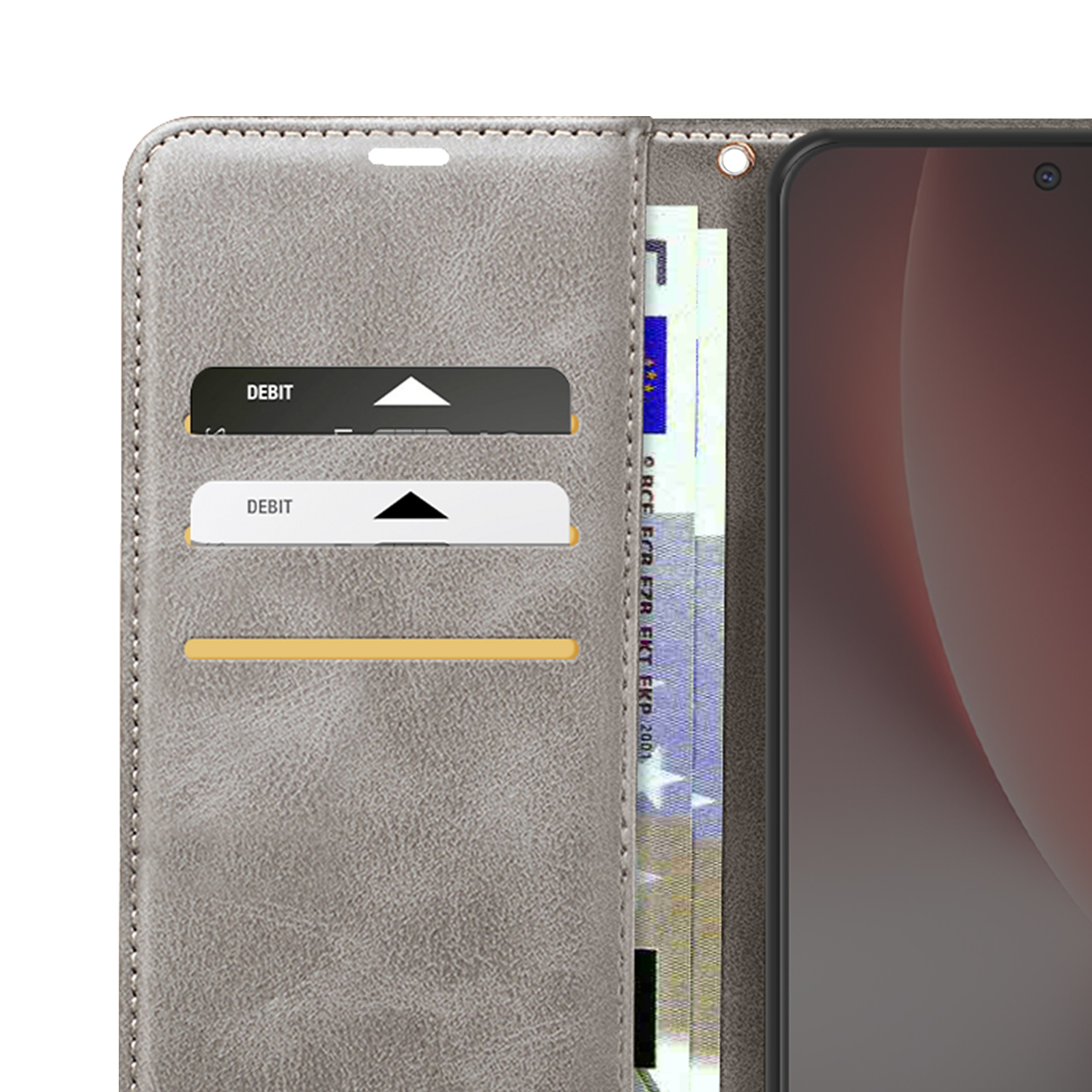Portafoglio grigio con due fessure per carte, banconote e telefono.