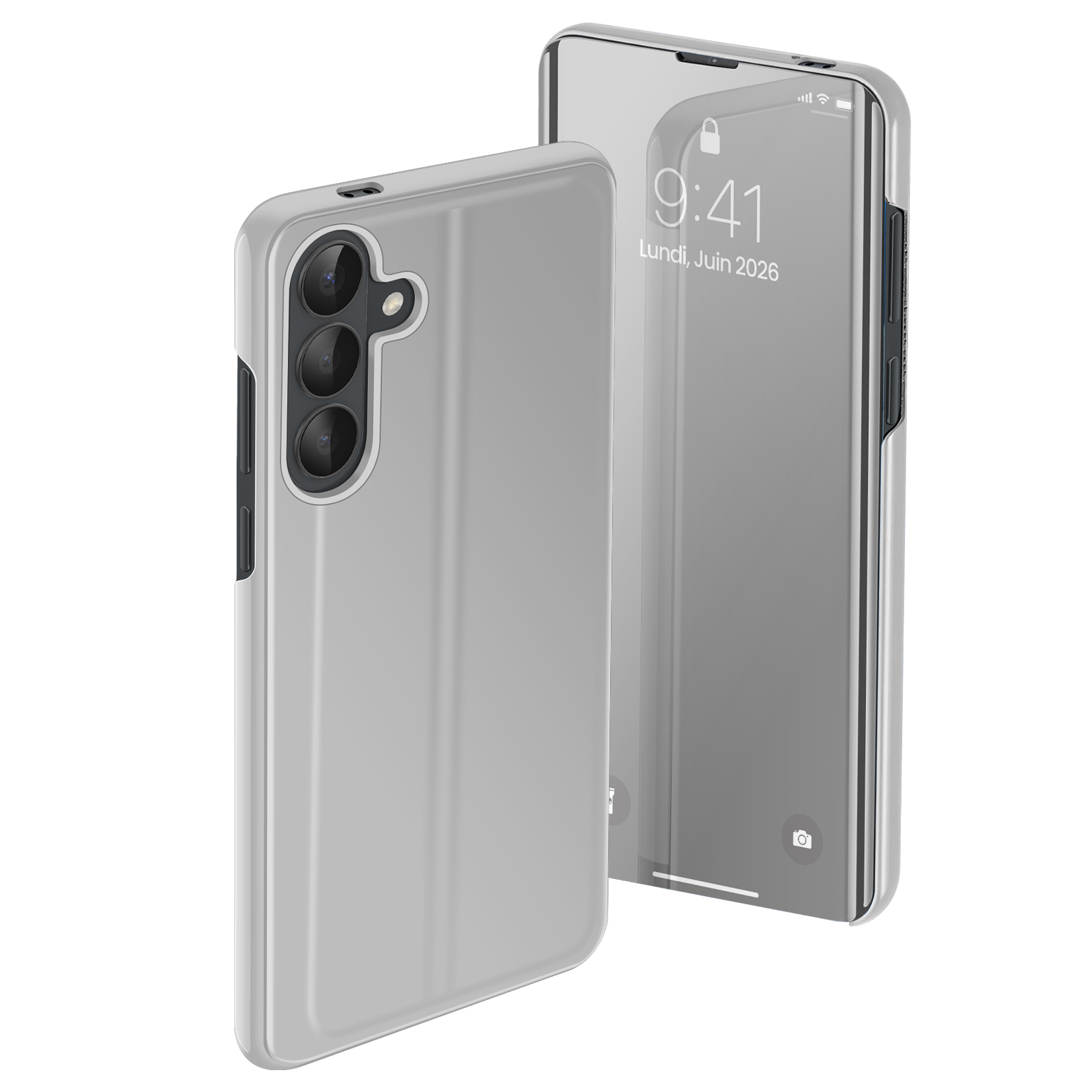 Una cover per telefono argentata a sinistra, e uno schermo del telefono a destra.
