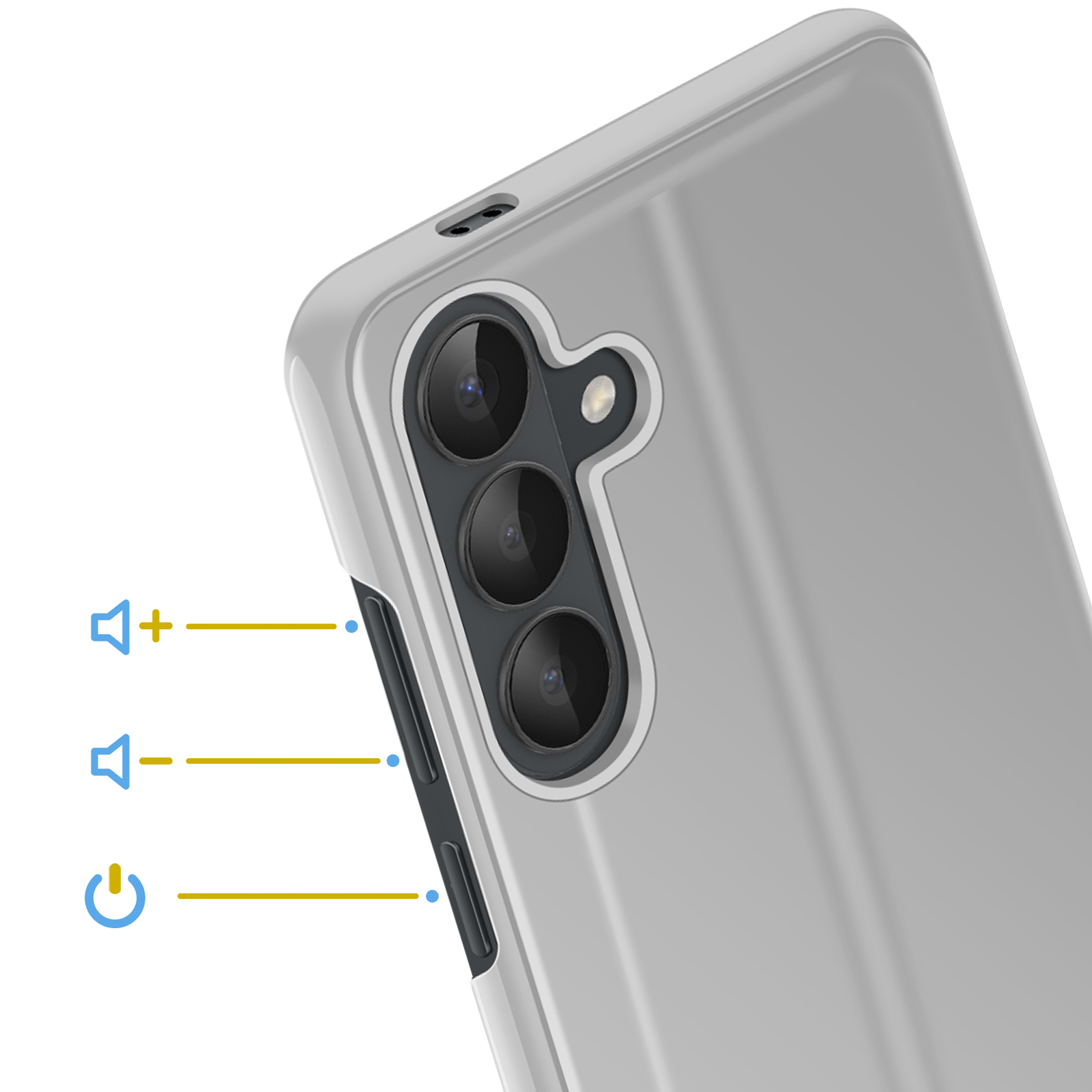 Primo piano di una cover grigia per telefono con tripla fotocamera e pulsanti volume/accensione evidenziati.