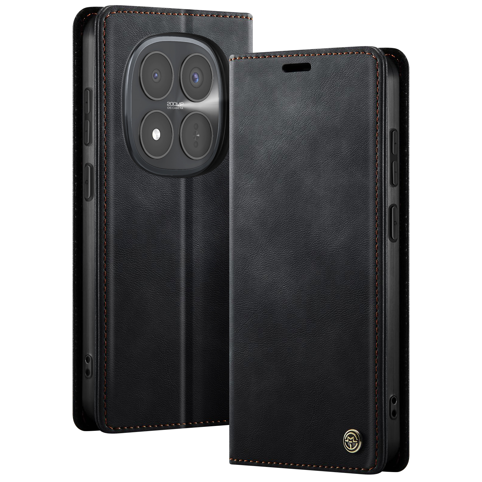 Custodia a libro in pelle nera con fotocamera OIS da 200MP visibile.