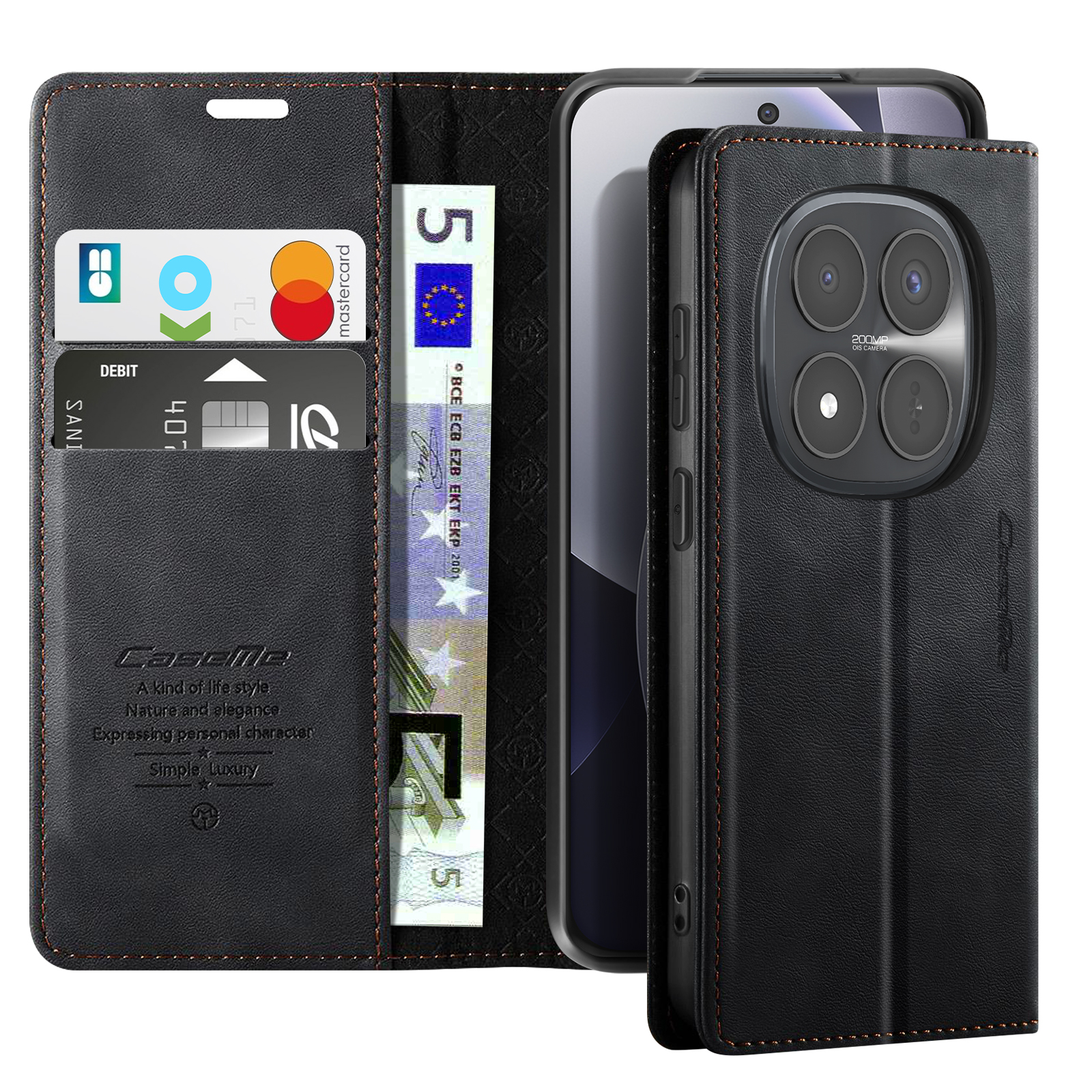 Custodia in pelle nera per telefono con slot per carte, banconota euro e modulo fotocamera.